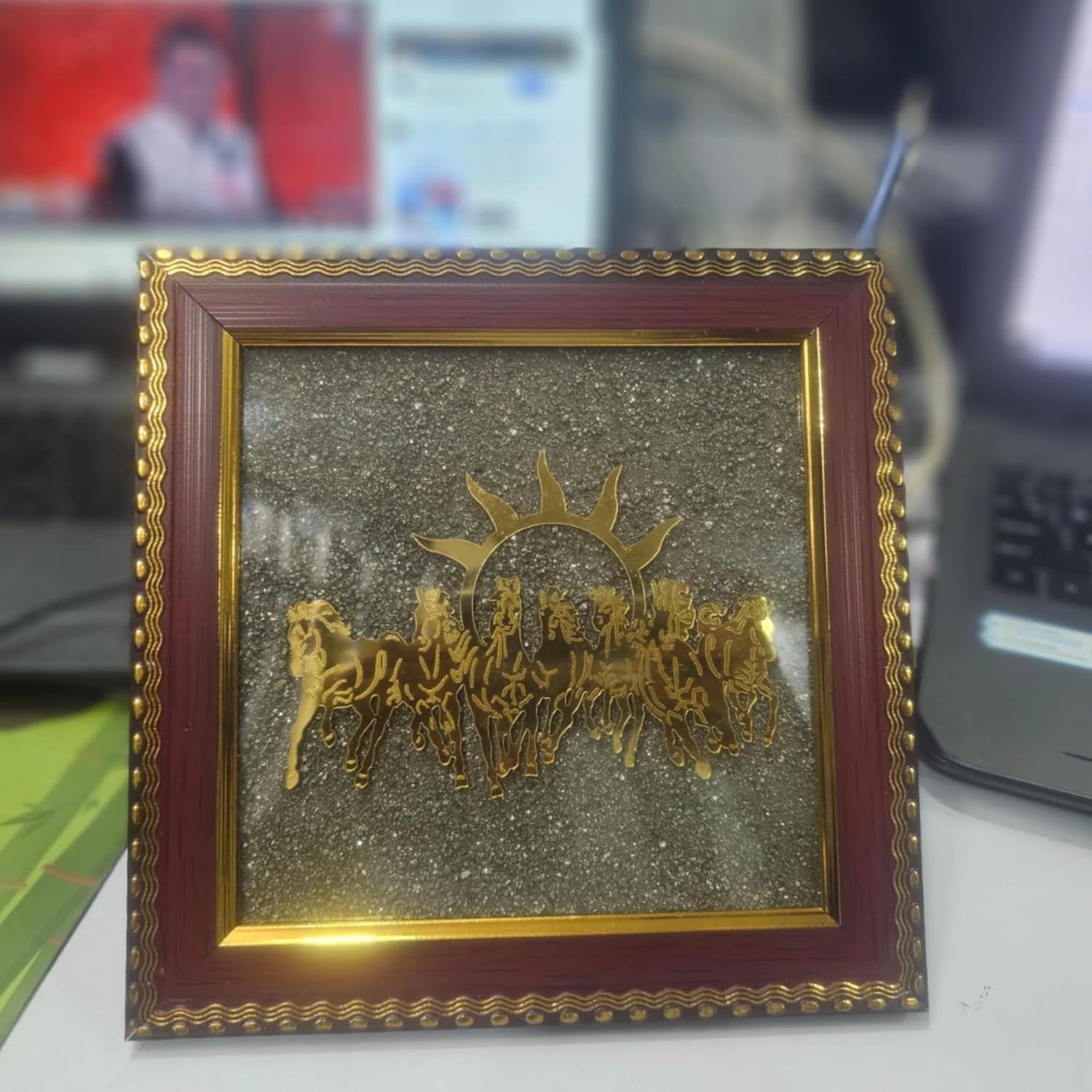 Seven Running Horses Pyrite Dust Frame Certified | For Attracting Wealth, Money & Protection | Vastu & Feng Shui Decor for Home & Office