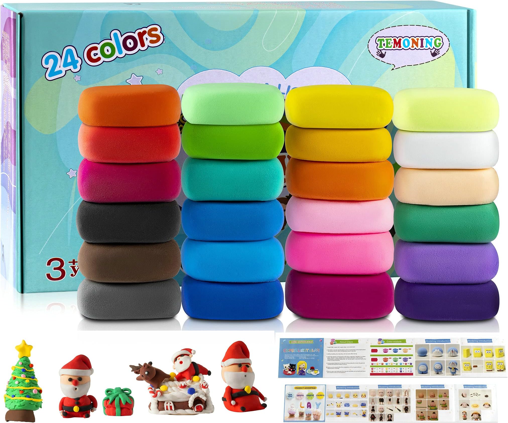Air Dry Clay 24 Colors 24 Pieces Modeling Clay Kit Magic Clay, 3 Tools and Manuals, Color Boxes
