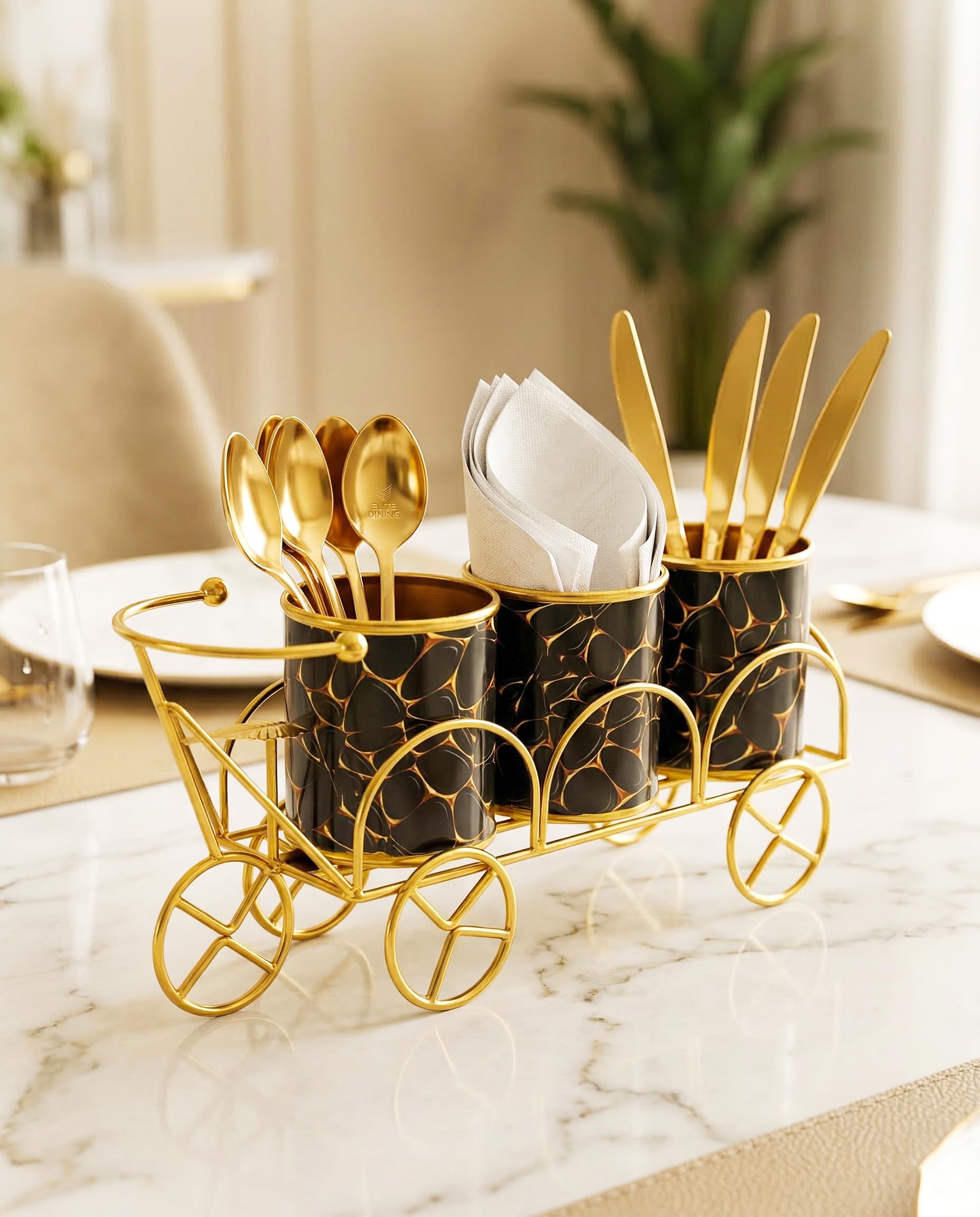 Cutlery Holder for Dining Table | 3-Compartment Spoon Fork Knife Stand with Tissue Holder | Galvanized Iron Cutlery Organizer for Kitchen, Home, Hotel & Restaurant | Tabletop Spoon Stand (black)-image-0