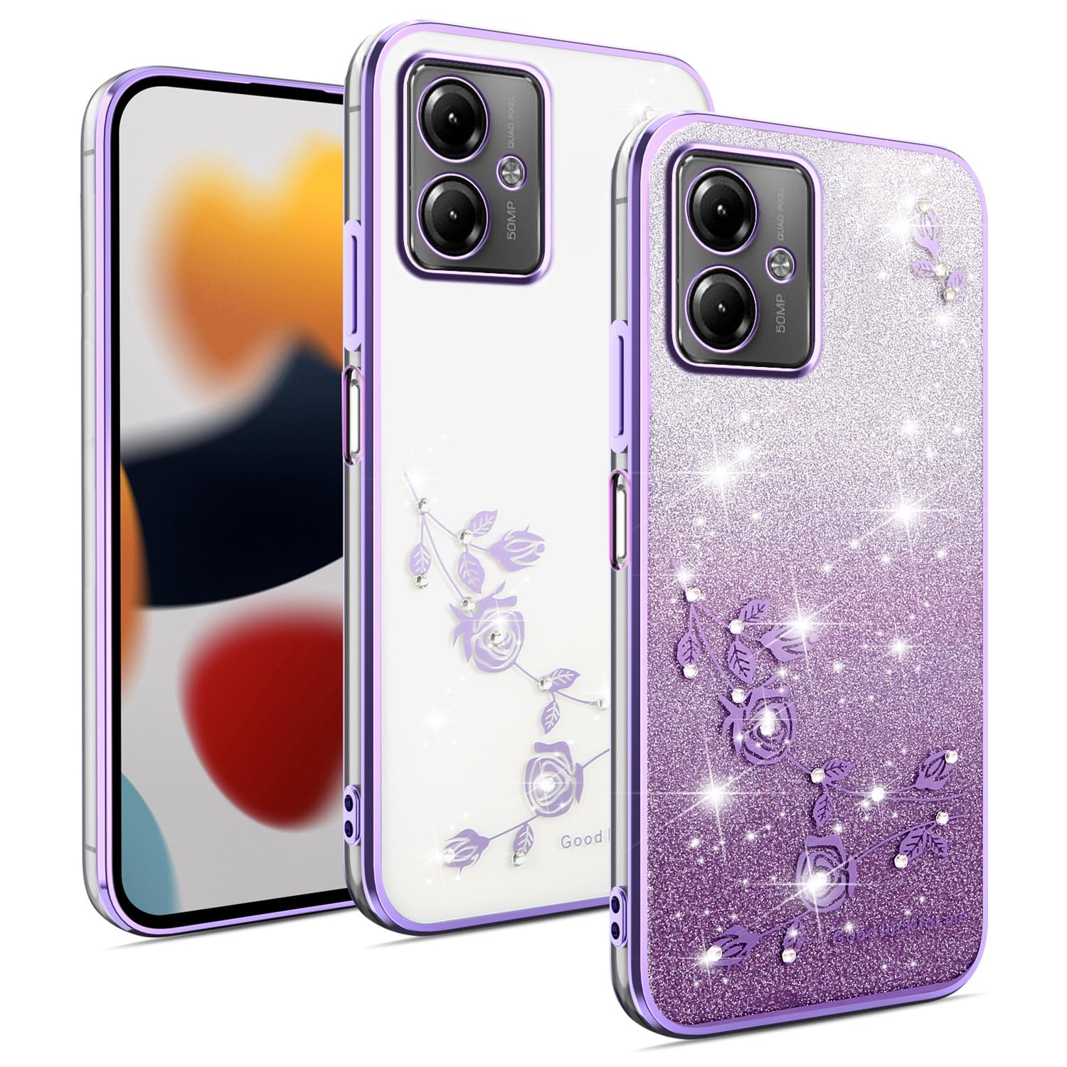 Cover Per Motorola Moto G14 Effetto Marmo Glitter Con Antiurto TPU - Custodia Morbida E Sottile, Antimpronta, Viola Chiaro, Regalo Donna