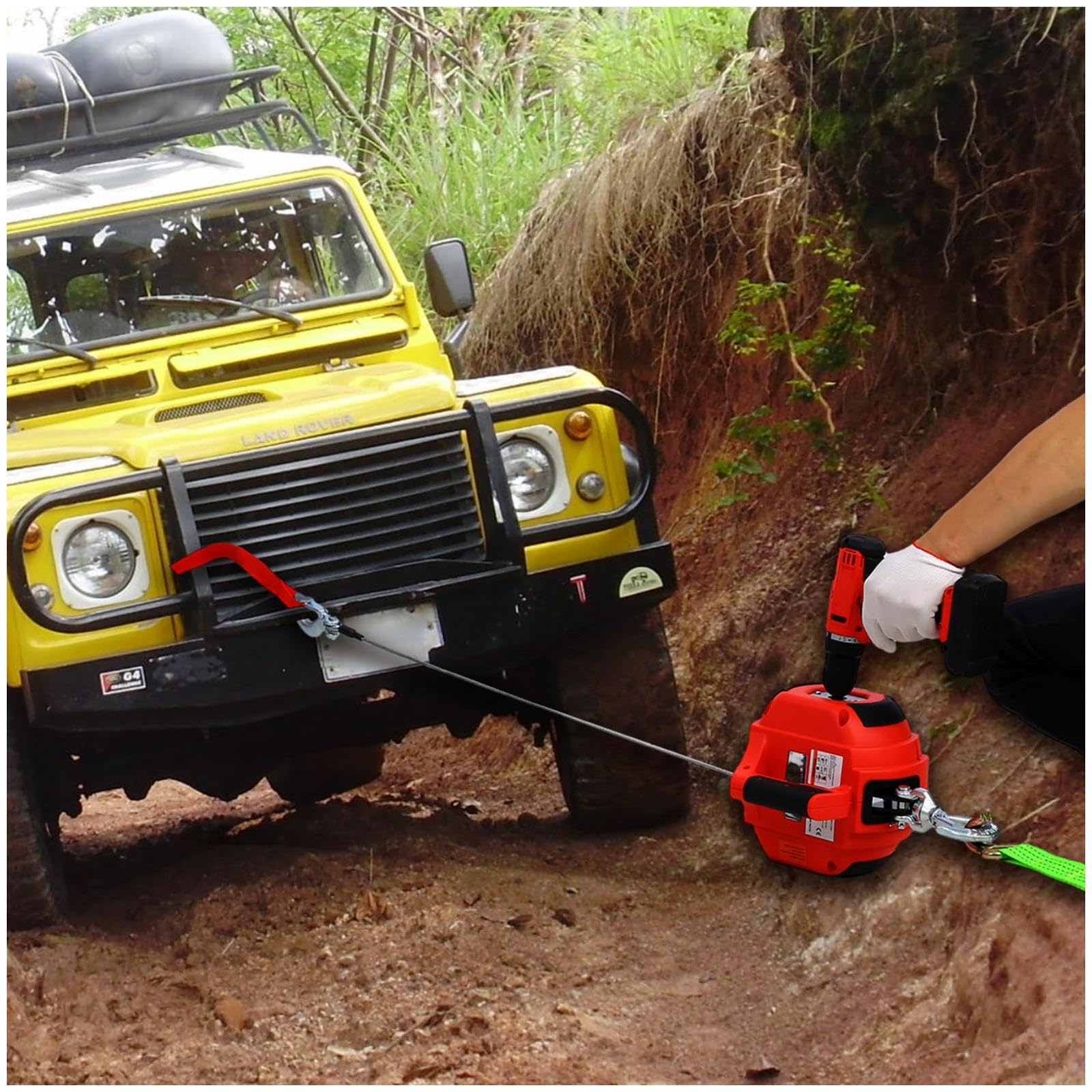 Portable Drill Winch - 750 Lbs Capacity, Handheld Hoist with Steel Wire Rope - Ideal for Lifting, Dragging, and Handling Logs and Wire Fences