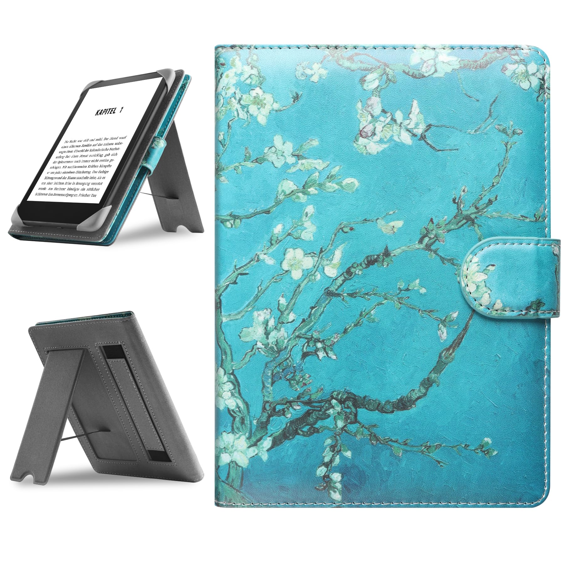 HoYiXiUniversal Case Compatible with 6.8" Kindle Paperwhite/6" All-new Kindle 2022&2019/Kobo Clara HD/Kobo Clara 2E Leather Stand Cover for 6-6.8'' PocketBook/Tolino/Sony E-Book Reader,flower.