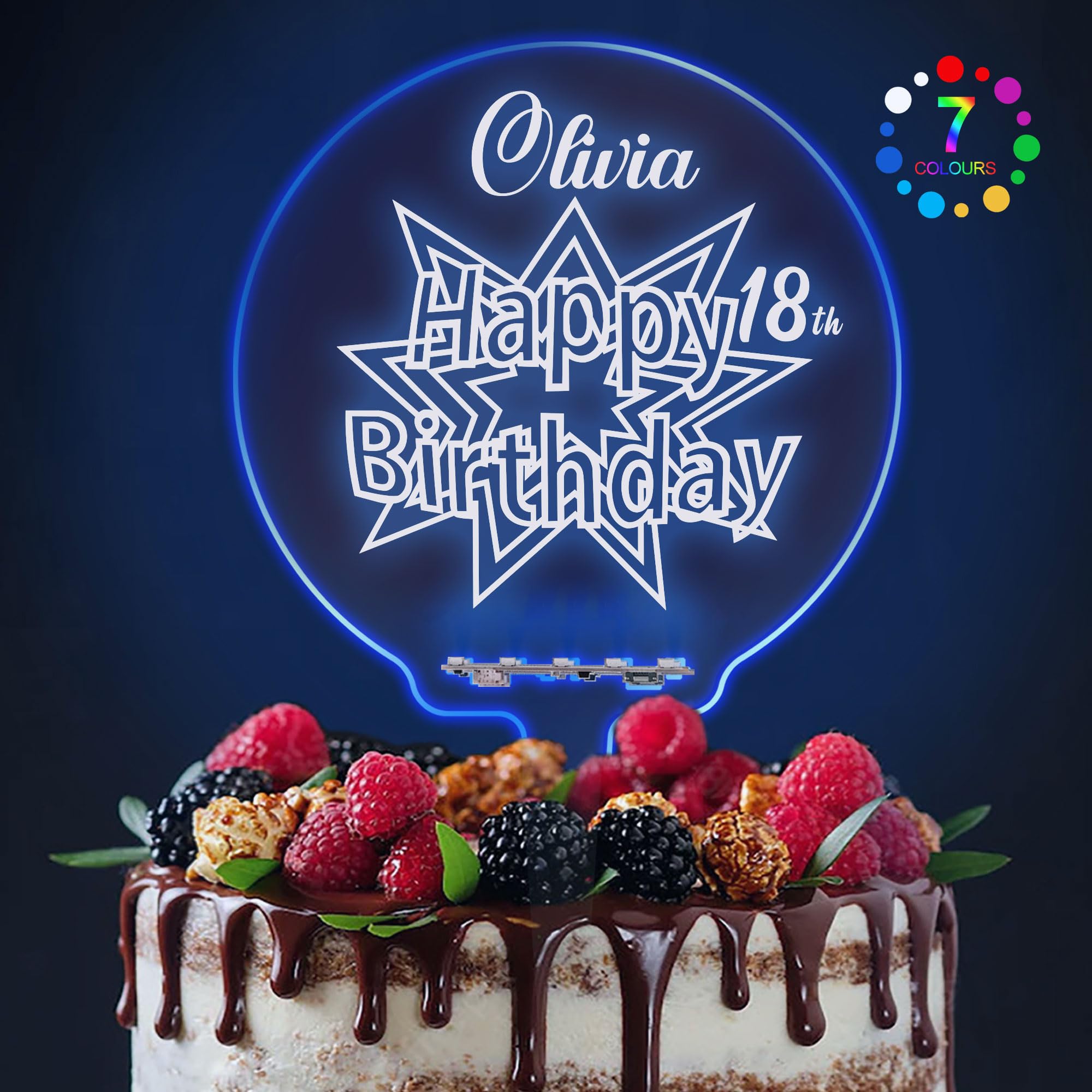 LED Personalised Cake Topper 7 Colour Changes Light Up Happy Birthday Cake Topper Acrylic Birthday Cake Toppers Cake Decorations for 1st 10th 16th 18th 20th 21st 30th 40th 50th 60th(Design 1)