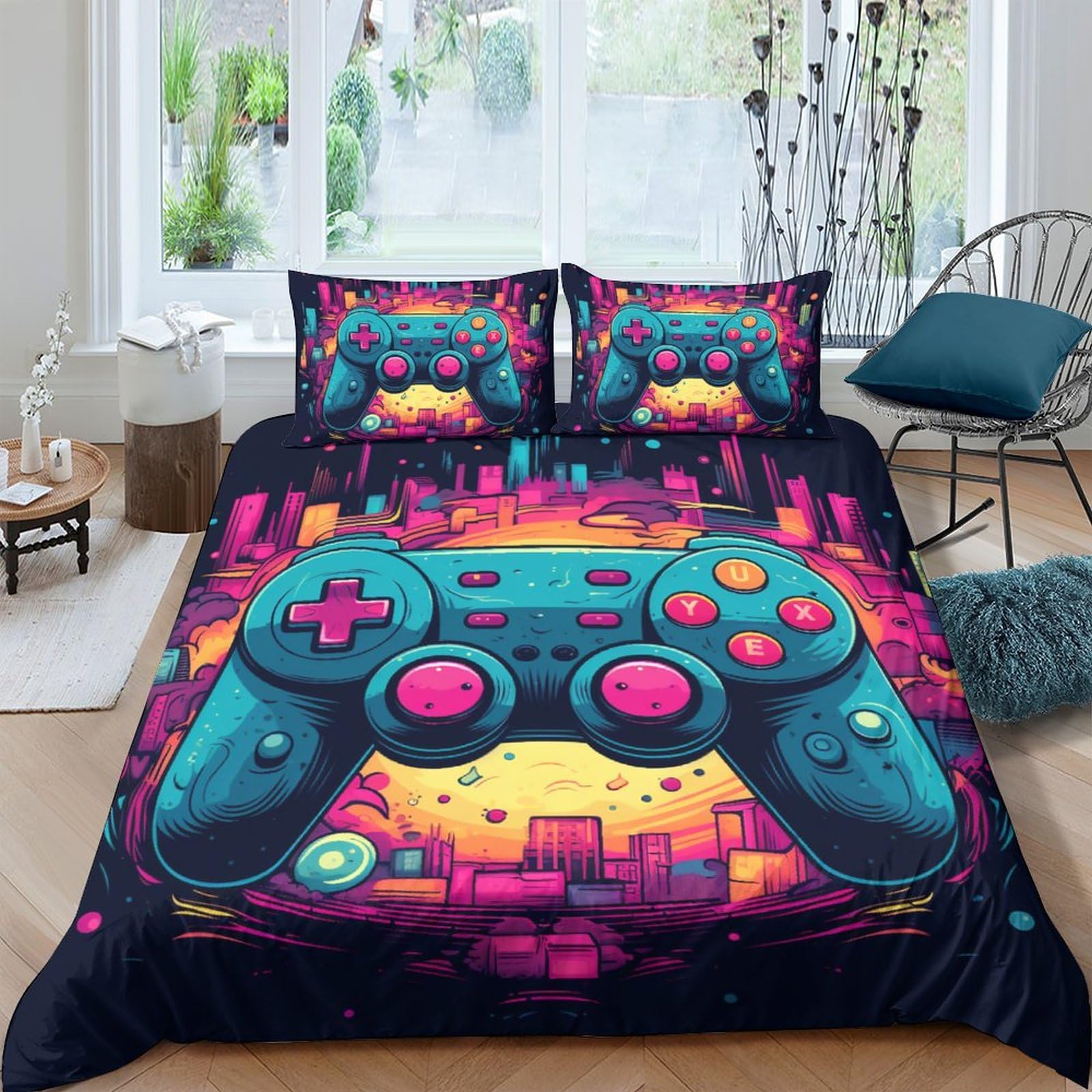 HOTGE 3D Printed Game Bedding Set with Pillowcase Controller Duvet Cover with Zipper Closure,Soft Microfiber Quilt Cover for Kids Boys Girls Bedroom Decor Double(200x200cm) — image 1