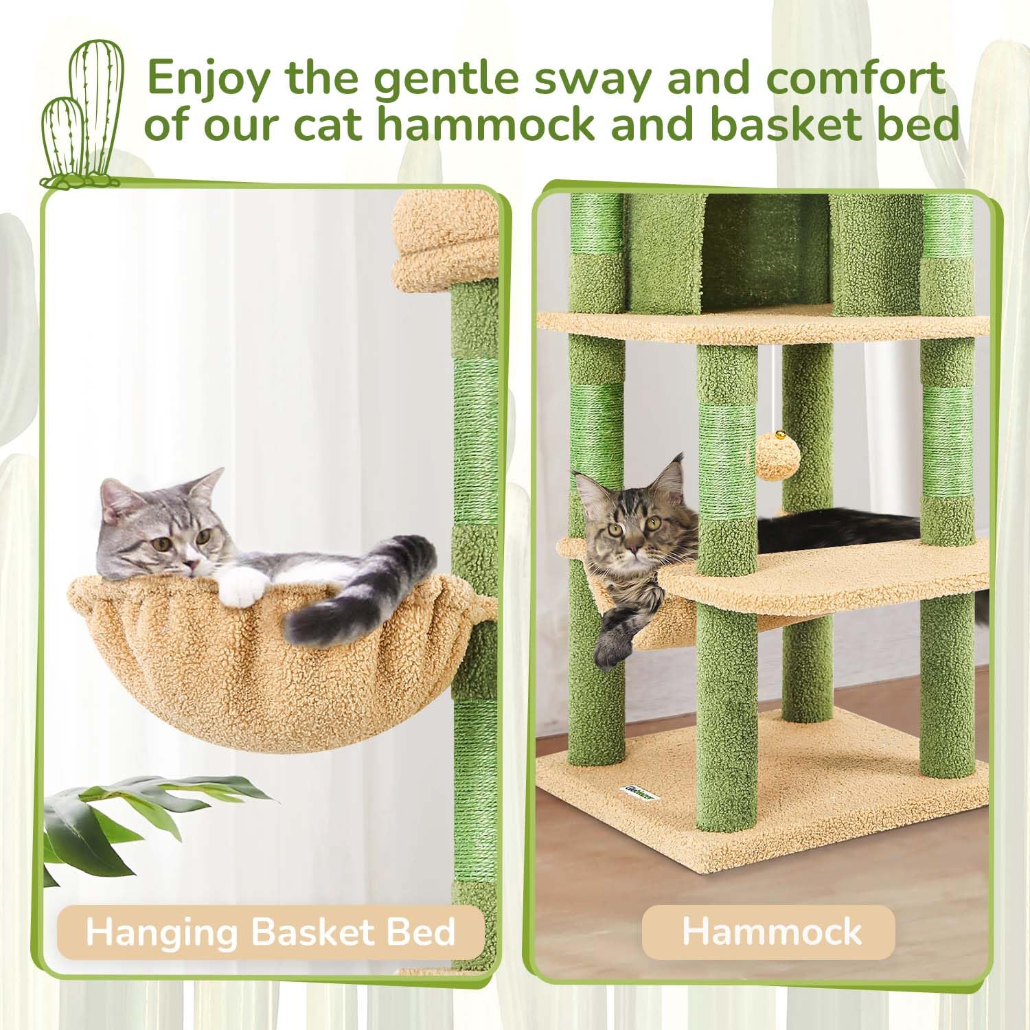 Globlazer Árbol Rascador Esquina Cactus Verde, Rascador para Gatos Rincón Alto 130 cm con Grandes Plataformas, Curvado Nidos, Hamaca, Cesta, Torre Gato Estable para 2-4 Gatos Adultos (C51, Verde)