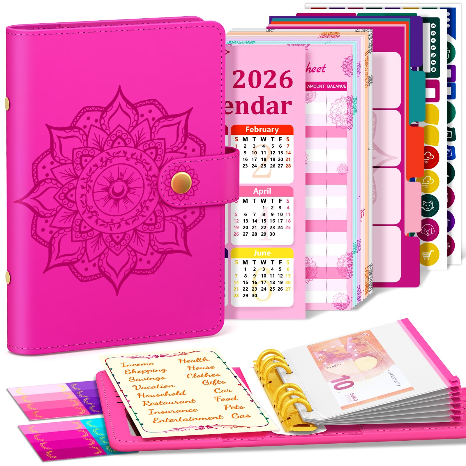 Aocii Budget Planner Binder 2026 A6 Money Envelopes Financial Saving Folder Red