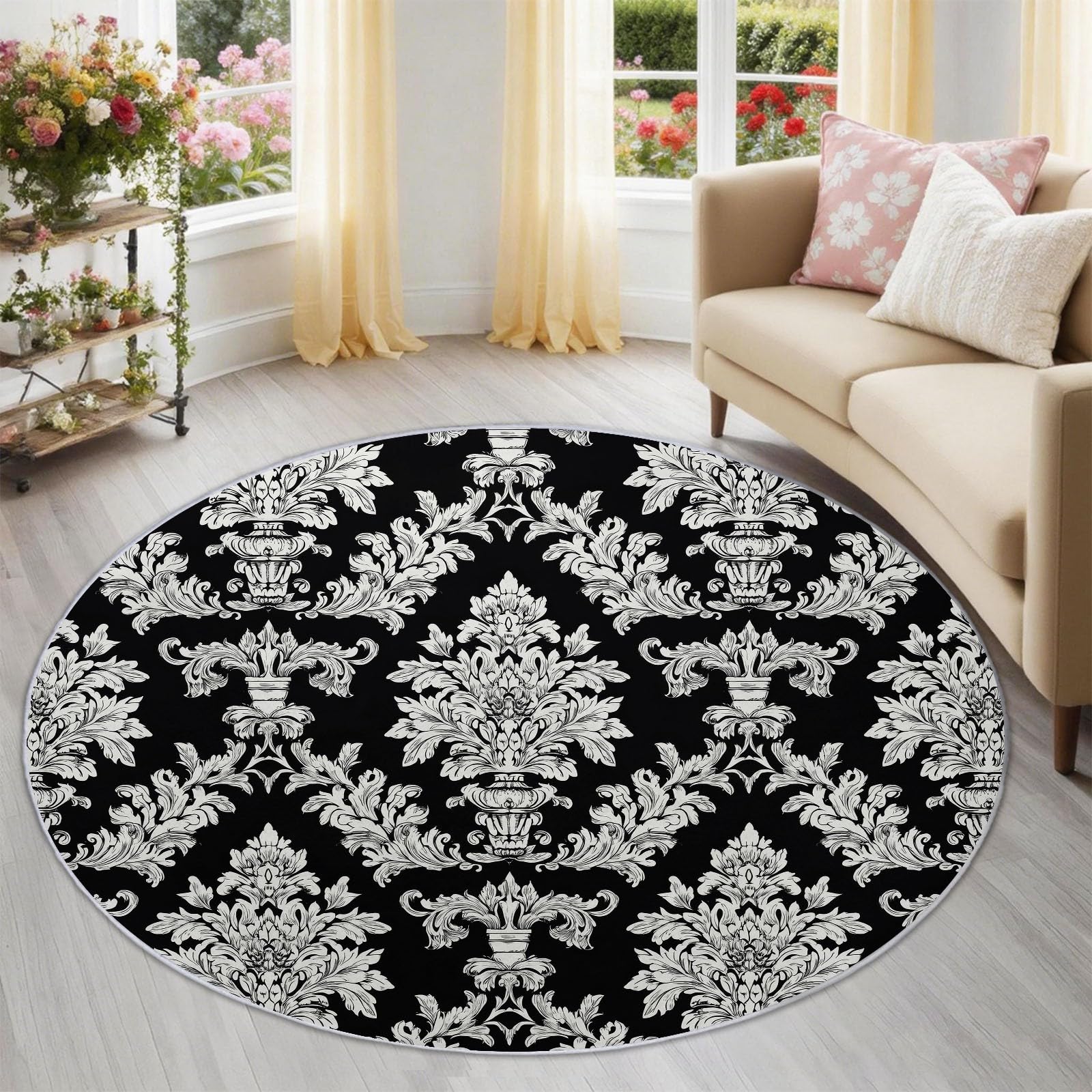 Générique 160 cm Rond Tapis Rond pour Salon, Chambre à Coucher et Cheminée Motif Motif Baroque Jacquard Damassé Vintage Lavable en Machine et Antidérapant Noir