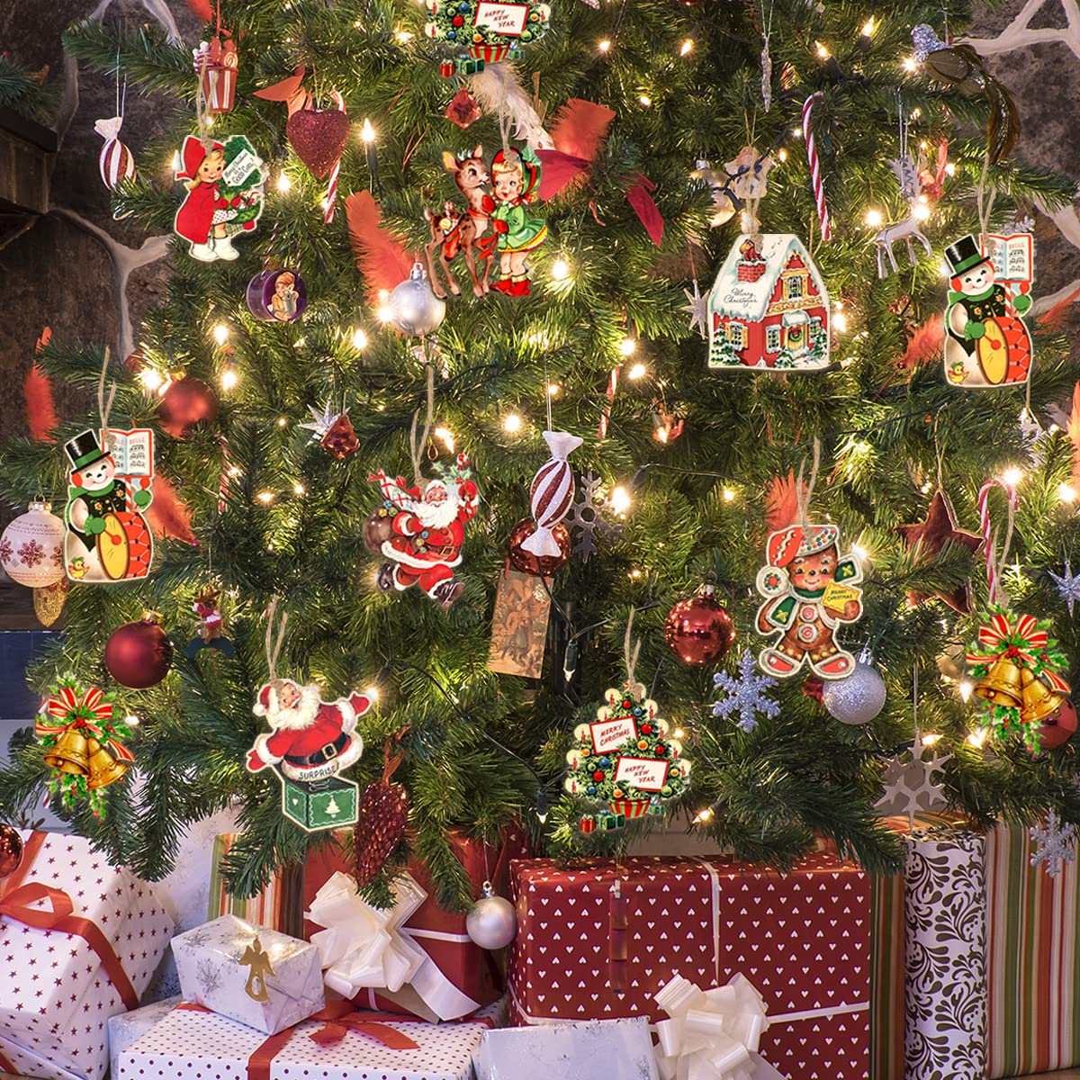 CMUSKO 27Pcs Vintage Christmas Ornaments - Wooden Santa Claus