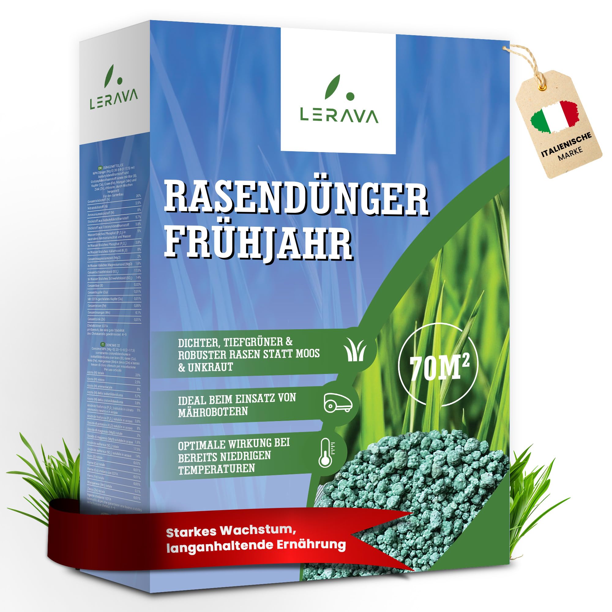 LERAVA Rasendnger Frhjahr (70m) - Stickstoffdnger NPK mit  Langzeitwirkung - Mineralischer Frhjahrsdnger fr dichten grnen Rasen -  Frdert Wachstum & Regeneration - Rasenpflege Dnger 1,7kg : Amazon.de:  Garten