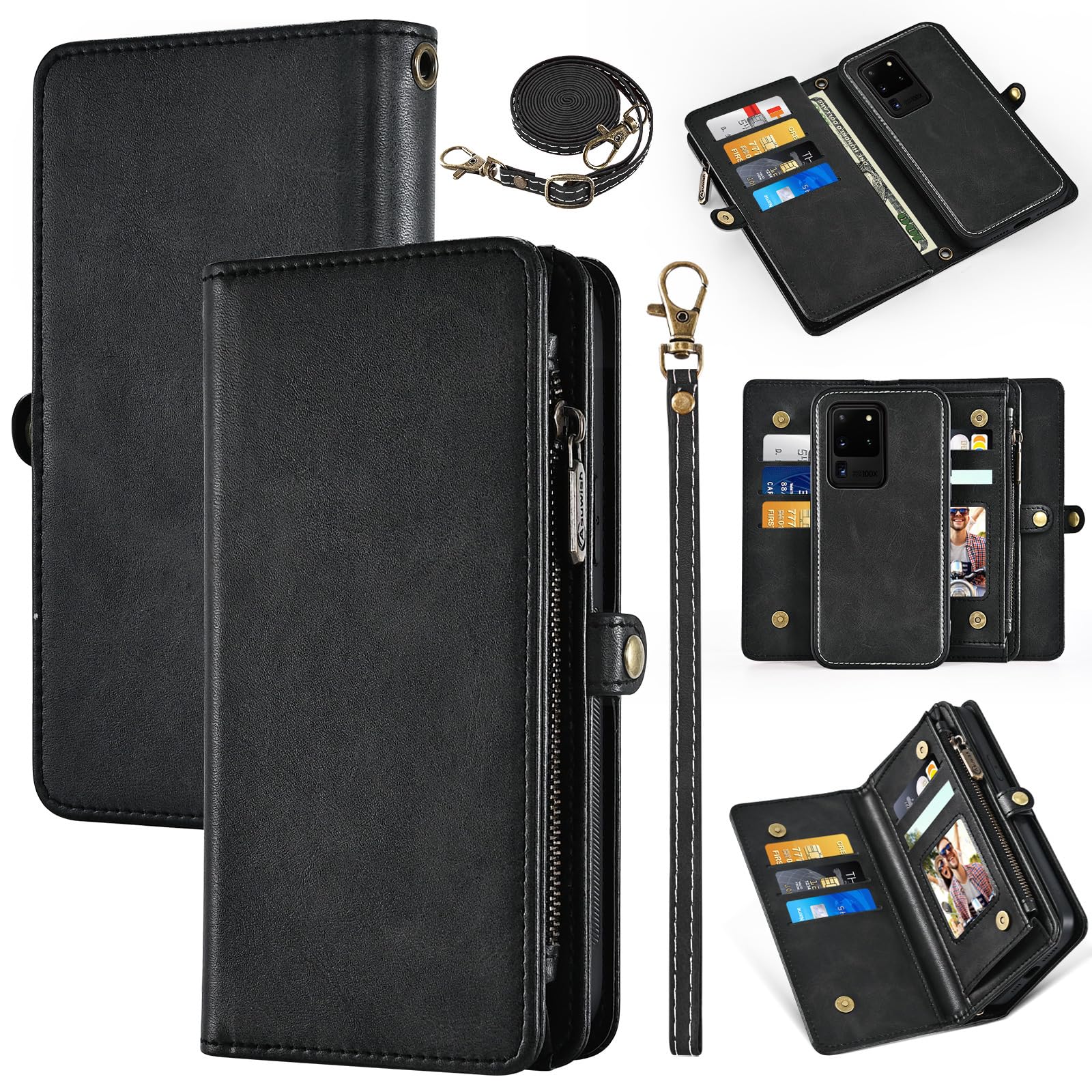 Dswteny Wallet Case for Samsung Galaxy S20 Ultra 5G with Detachable Phone Case, Wrist Strap Shoulder Strap, Retro Leather Flip Cell Phone Cover for