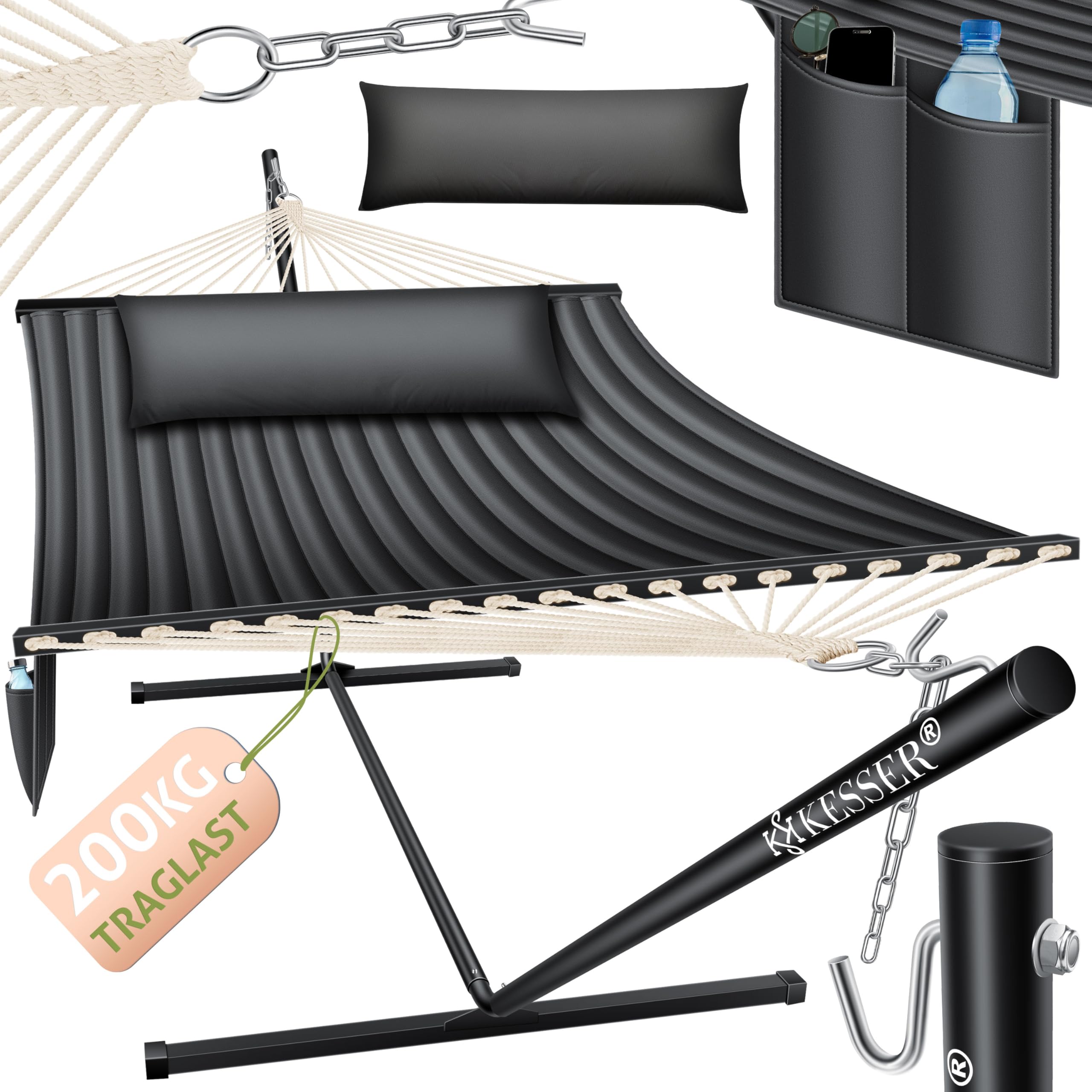 KESSER® Hamaca Hill con Estructura Almohada Doble para 2 Personas - Resistente Marco - Capacidad 200kg Interior y Exterior XXL Columpio Doble Multijugador Jardín Piscina Balcón Terraza Antracita