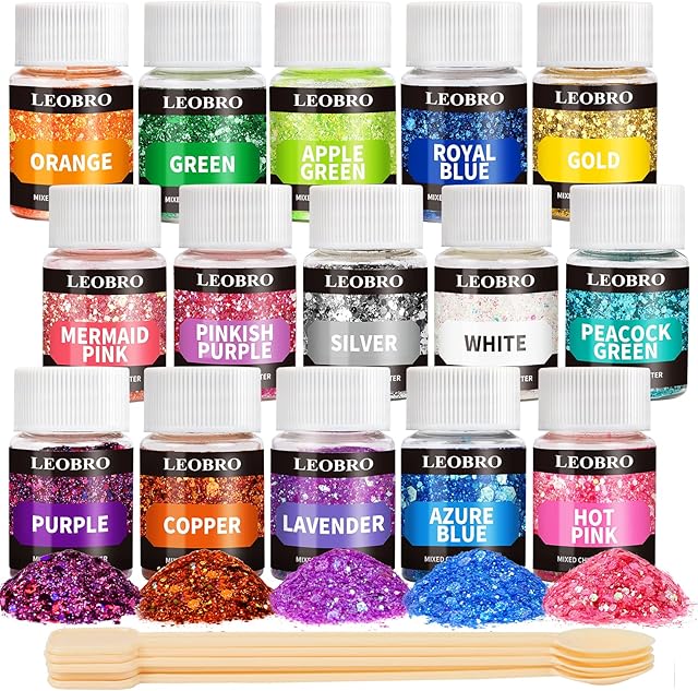 Holographic Chunky Glitter, 15 Colors Craft Glitter for Resin, with 5PCS Mixing Spoon, LEOBRO Cosmetic Glitter for Nail Body Eye Face, Resin Glitter Flakes Sequins for Art Crafts Jewelry Making