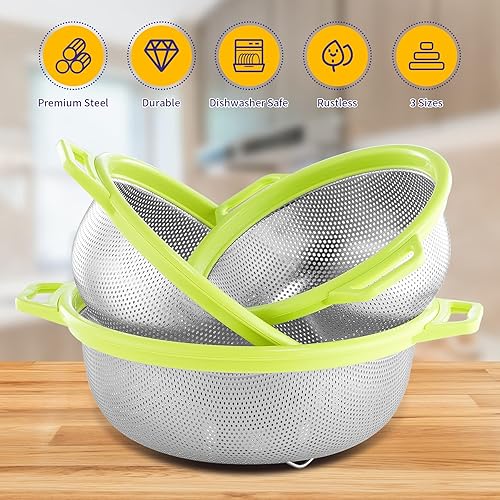 Miniatura 5 de POPGRADE Paquete de 3 coladores de acero inoxidable con mango y patas, colador de metal grande para pasta, espagueti, verduras, frutas, fideos,