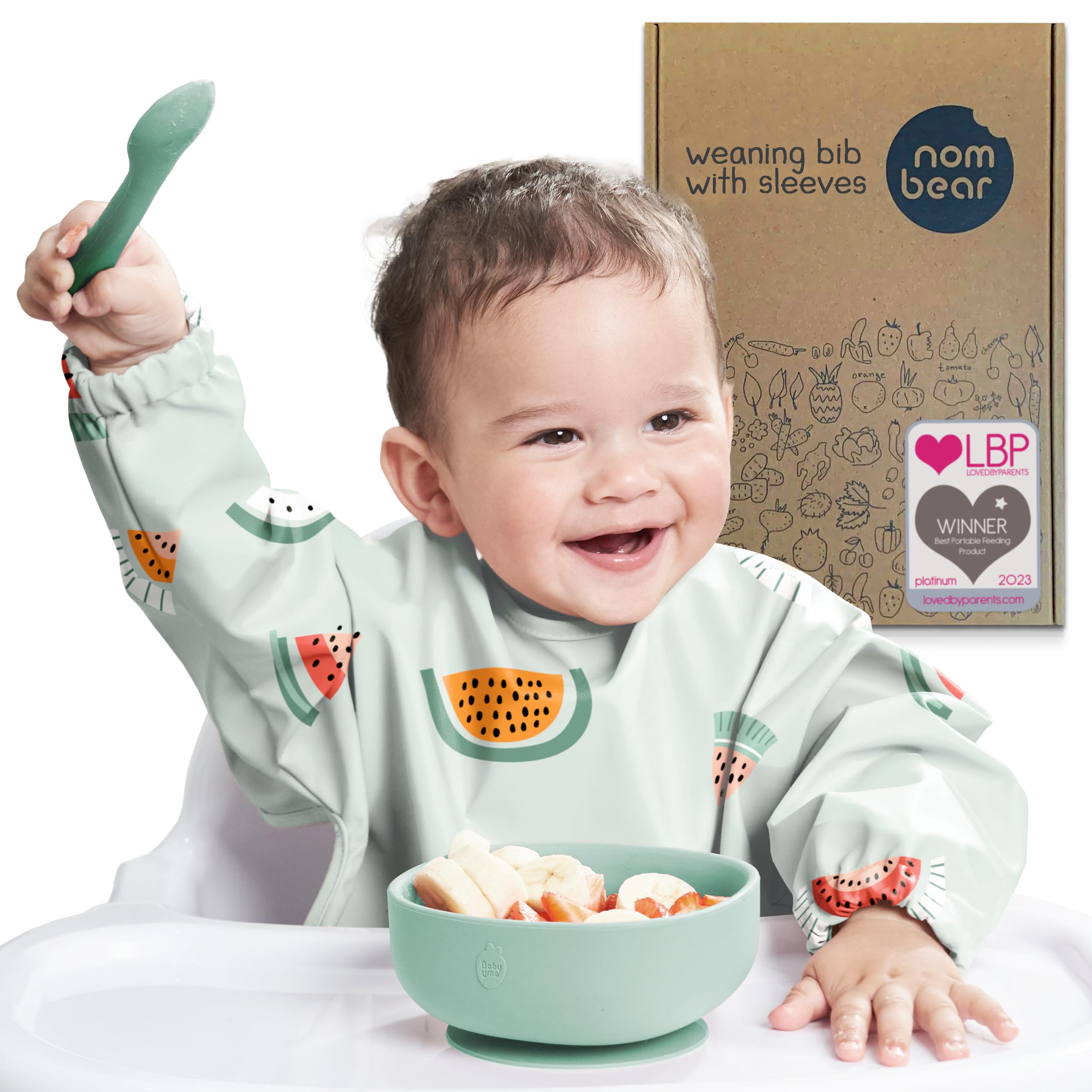 Nombear Baby Bibs with Sleeves for 6-24 Months, 1 Pack, Easy Wipe Clean, Machine Washable Baby Weaning Bib with Sleeves