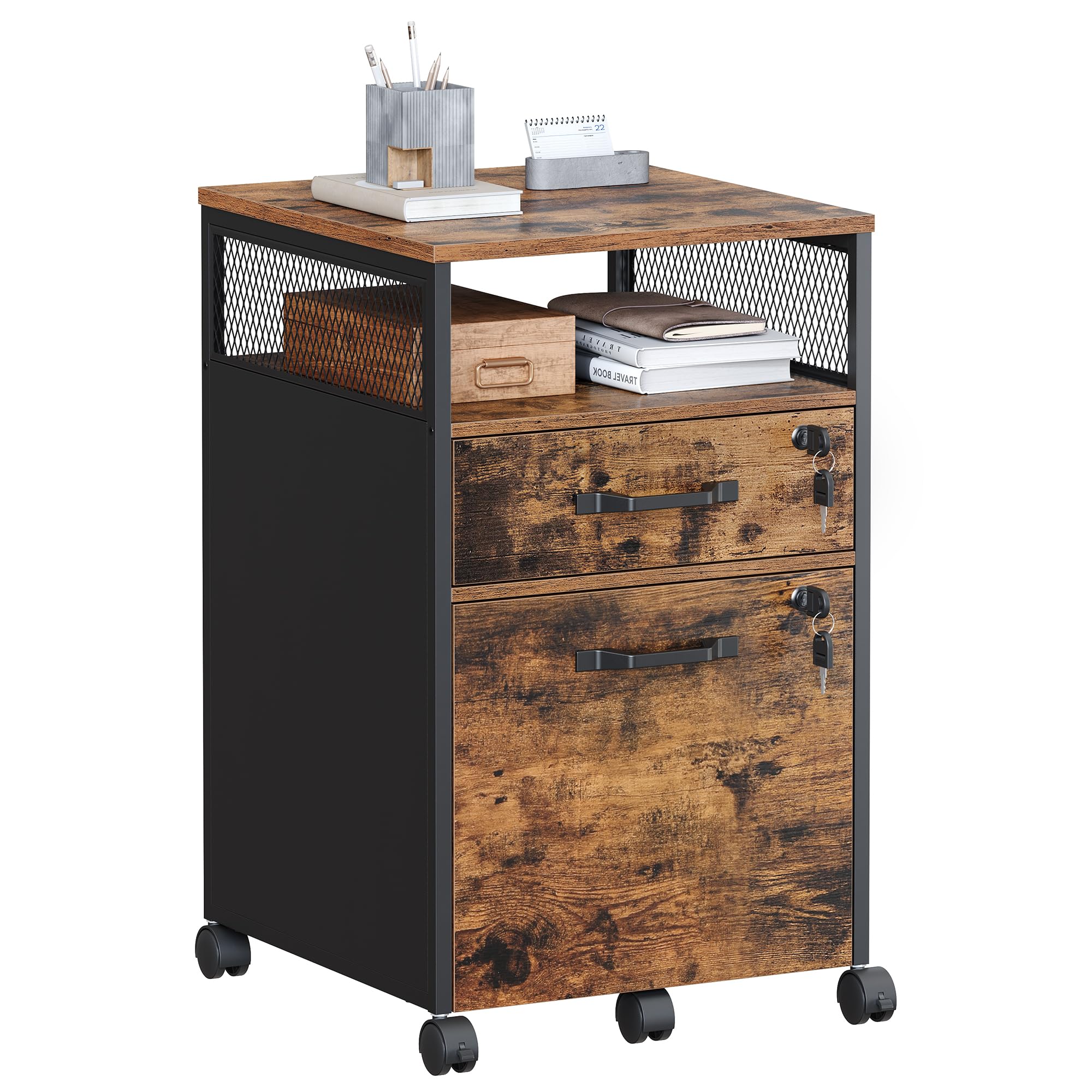 VASAGLE File Cabinet, Mobile Filing Cabinet on Wheels, for Home Office, 2 Lockable Drawers, for A4, Letter-Size Hanging File Folders, Open Shelf, Steel Frame, Rustic Brown and Ink Black UOFC077B01