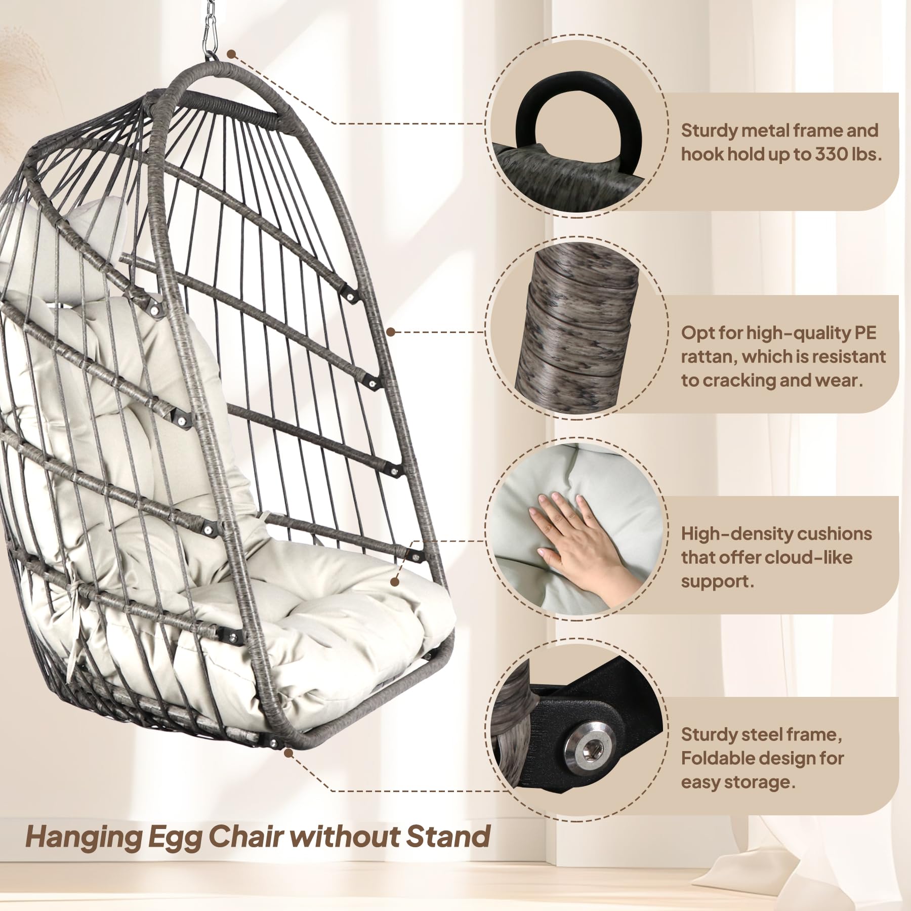 Chihee Egg Stuhl Klappbarer Hängesessel aus Korbgeflecht Schaukel Korbgeflecht-Stühle für drinnen und draußen Hängesessel mit Aufhängeset aus Edelstahl Kettenglied UV-beständiges Kissen Schlafzimmer