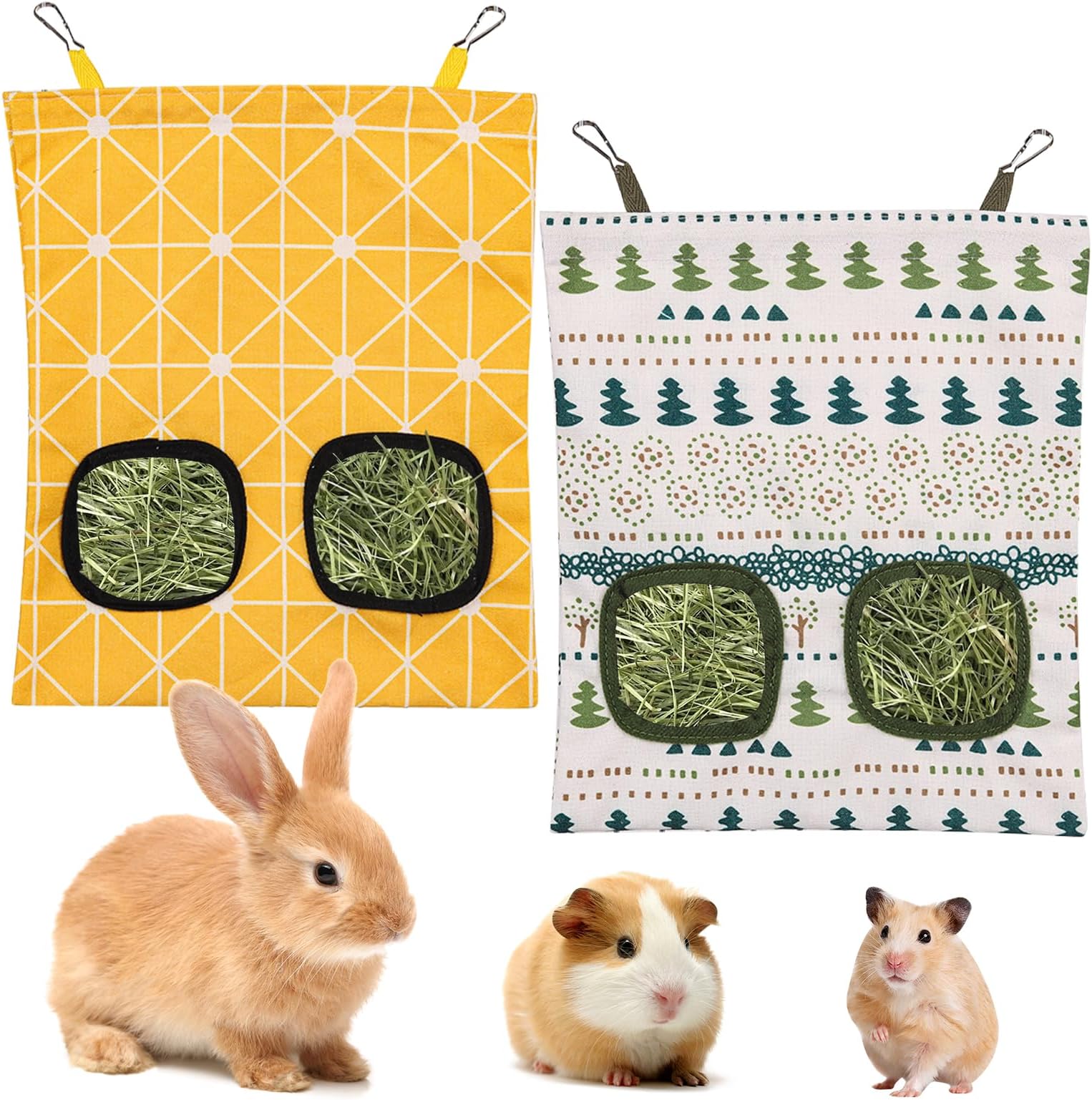 Embhlitfe Rabbit Hay Feeder, 2-Pack Hanging Hay Feeder Bag for Rabbits & Guinea Pigs, 2-Hole Washable Oxford Cloth Hay Bag for Small Pets