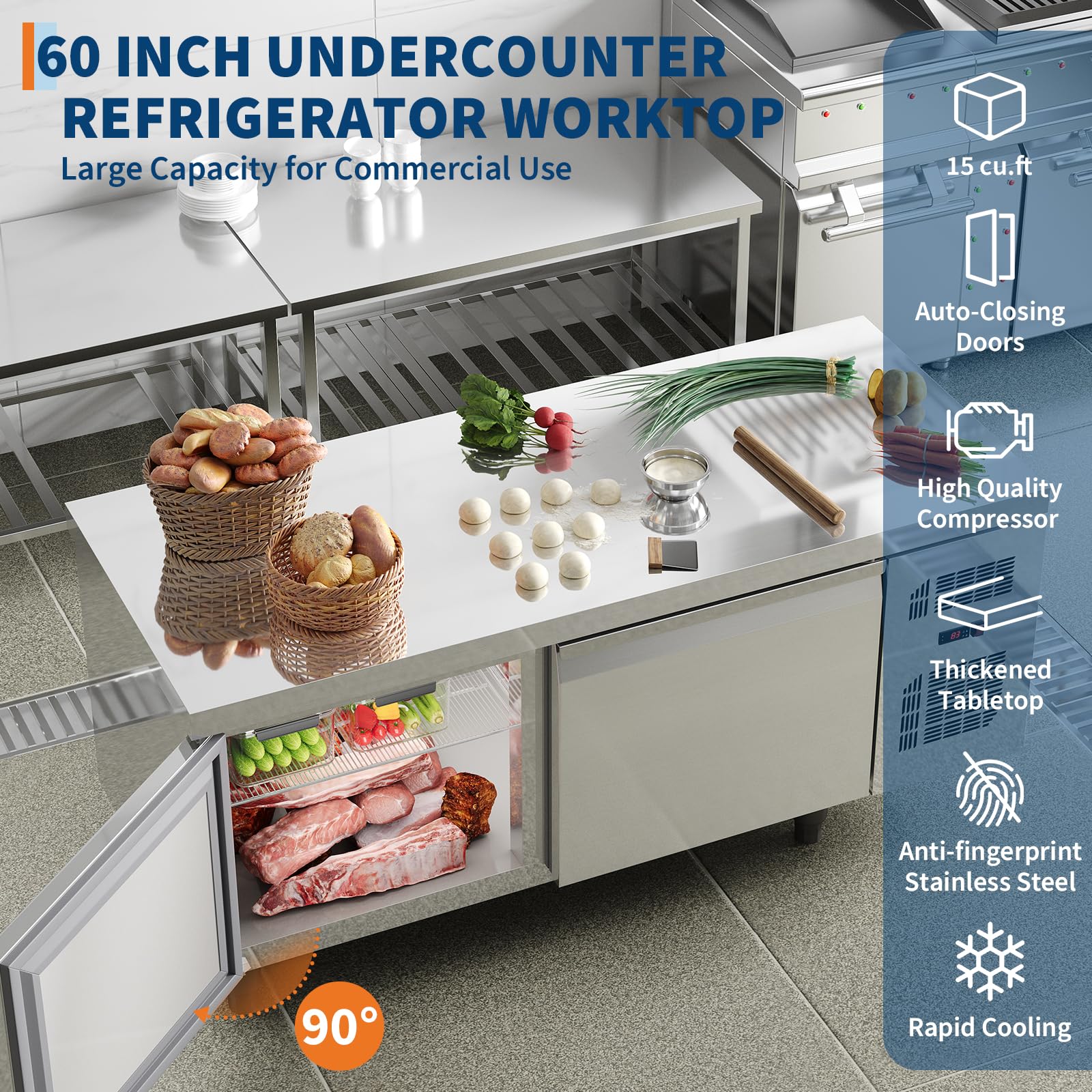 PeacefulHues 60-Inch 15 Cu.Ft Commercial Worktop Undercounter Refrigerator – Double Door Stainless Steel Food Prep Station for Restaurant/Bar/Cafe on Fridge.com