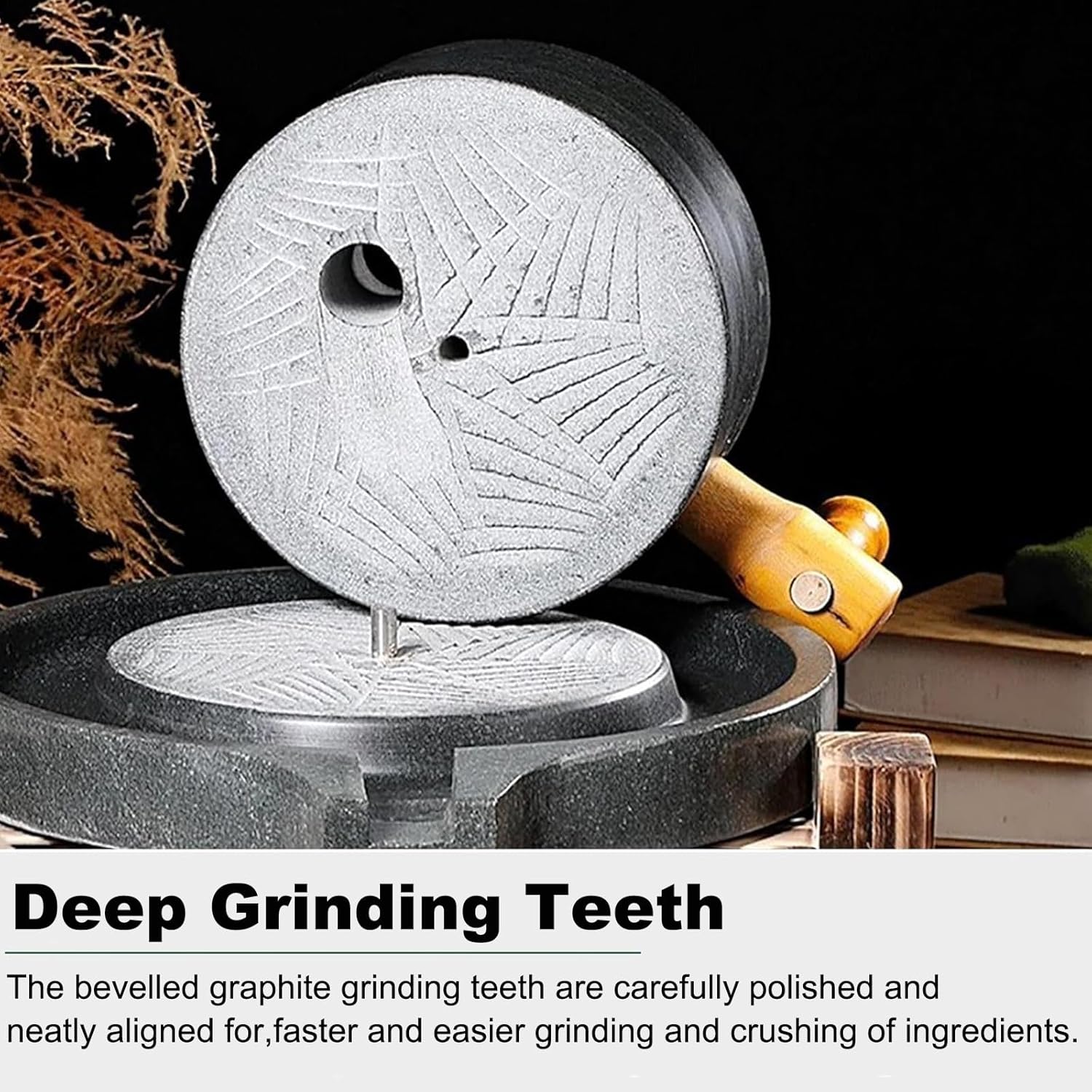 Handmade Stone Mill Grinder with Wooden Stand - Easy to Clean 25cm/9.8in - Perfect for Home Cooking and Rustic Decor