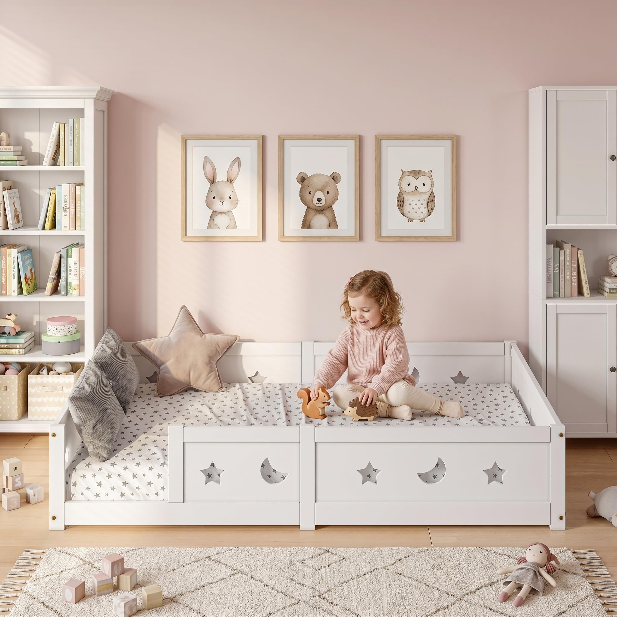 Montessori Łóżko dziecięce 90 x 200 cm, z zabezpieczeniem przed wypadnięciem i stelażem, wzór w gwiazdy i księżyc, dla chłopców i dziewczynek, z litego drewna sosnowego, białe (białe, A01, 120 x 200