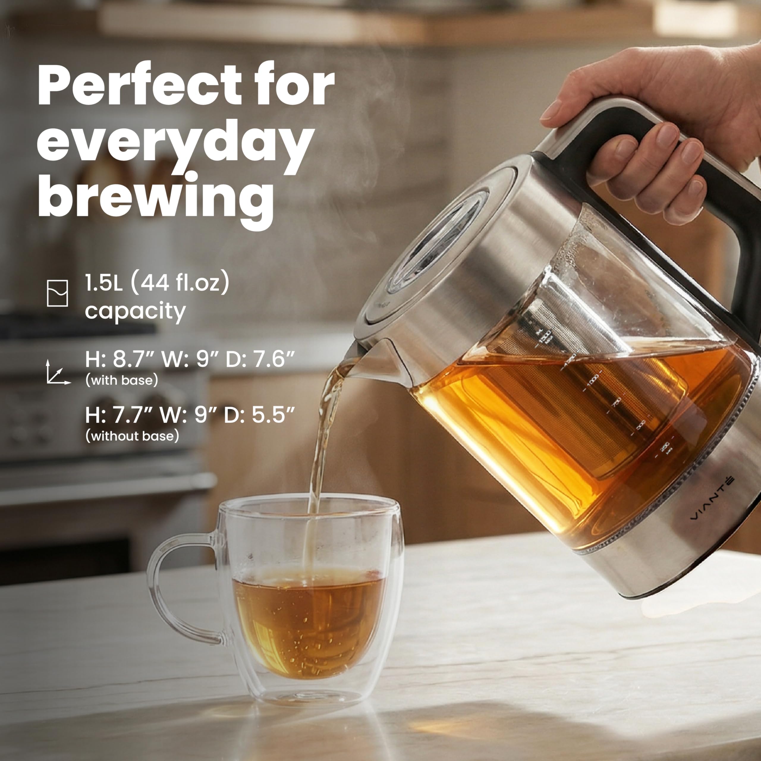 Viante Alba Electric Tea Kettle With Infuser, No Plastic, 1.5L | Borosilicate glass & 304 stainless steel construction. 4 temp presets, keep-warm, cordless, auto shut-off