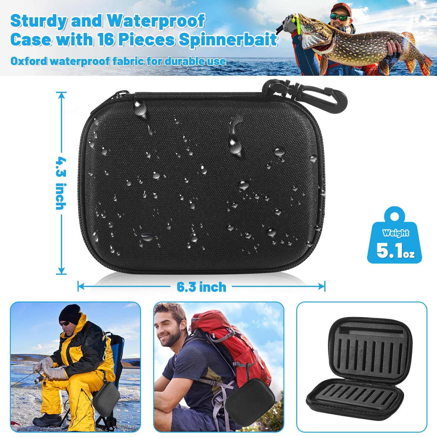 16pcs Fishing Lures Spinner Baits, Trout Bass Salmon Lures Kit with Treble Fishing Hooks & Rooster Tail, Fishing Gears Spinnerbait Spoons Baits for Freshwater Saltwater Trout, Gift for Men