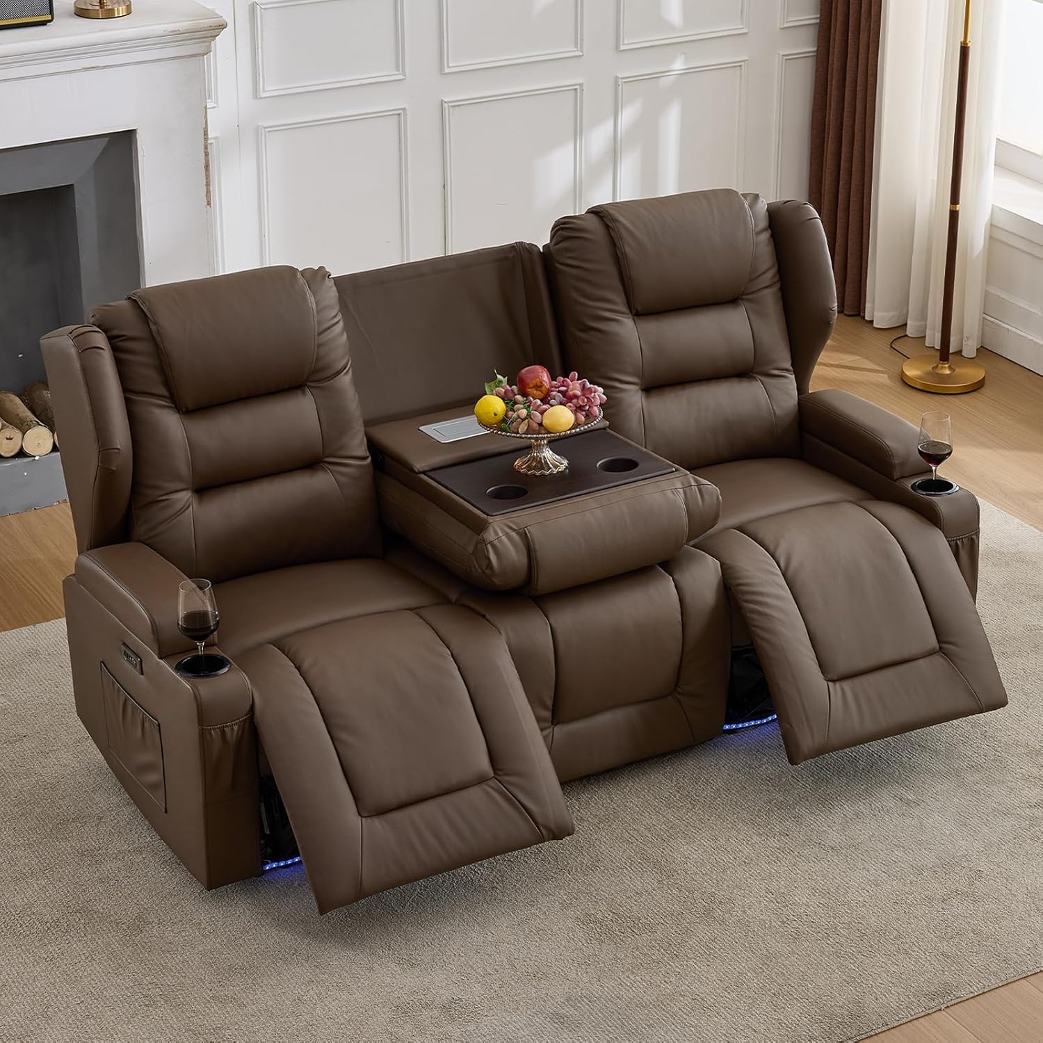 SAMERY Power Loveseat Recliner Sofa with Adjustable Split Back, Multi-Port Charger, Flip-Up Backrest & LED Lighting - Home Theater Seating with