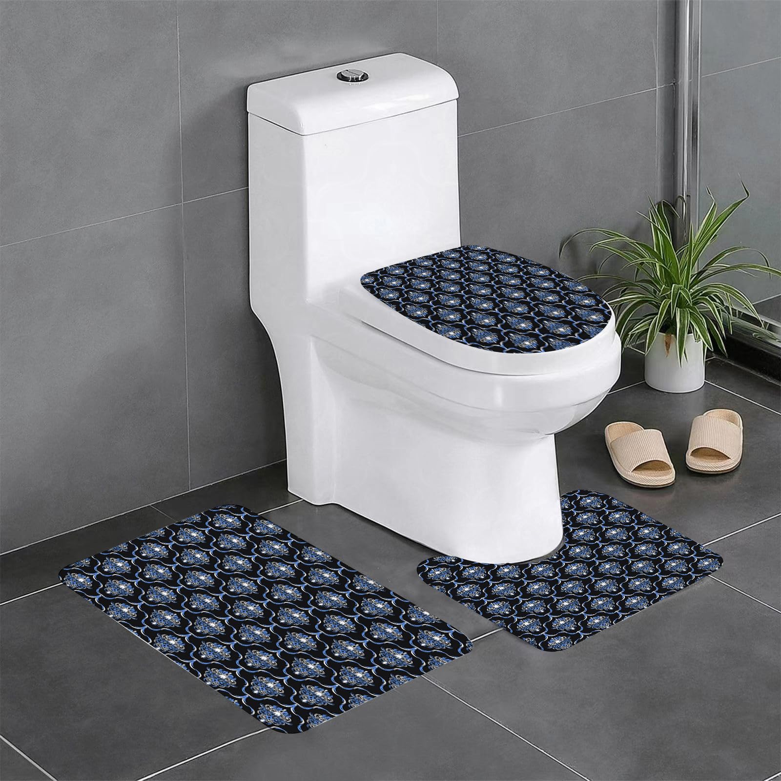 Set di 3 tappetini da Bagno, Lavabili in Lavatrice e Antiscivolo, tappetini in Morbida Fibra Superfine, Motivi Vintage damascati, spirali, Piastrelle Curve, Stile Vittoriano (2)