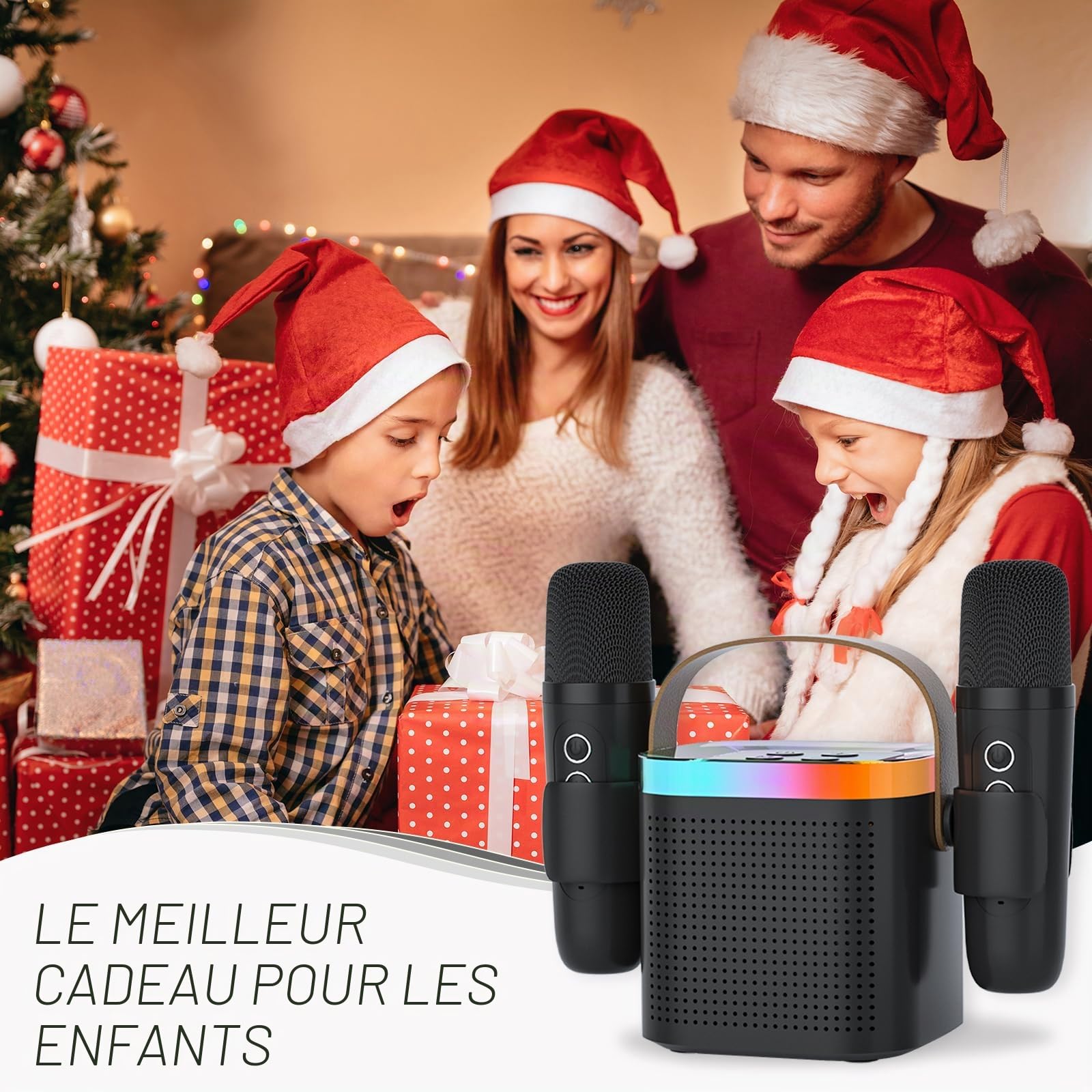 Karaoke Machine Plus 2 Microphone sans Fil Portable Bluetooth Karaoke Barre de Son avec Conversion vocale et LED lumière pour Les Enfants Adultes, Cadeau d'anniversaire de Noël (Noir)