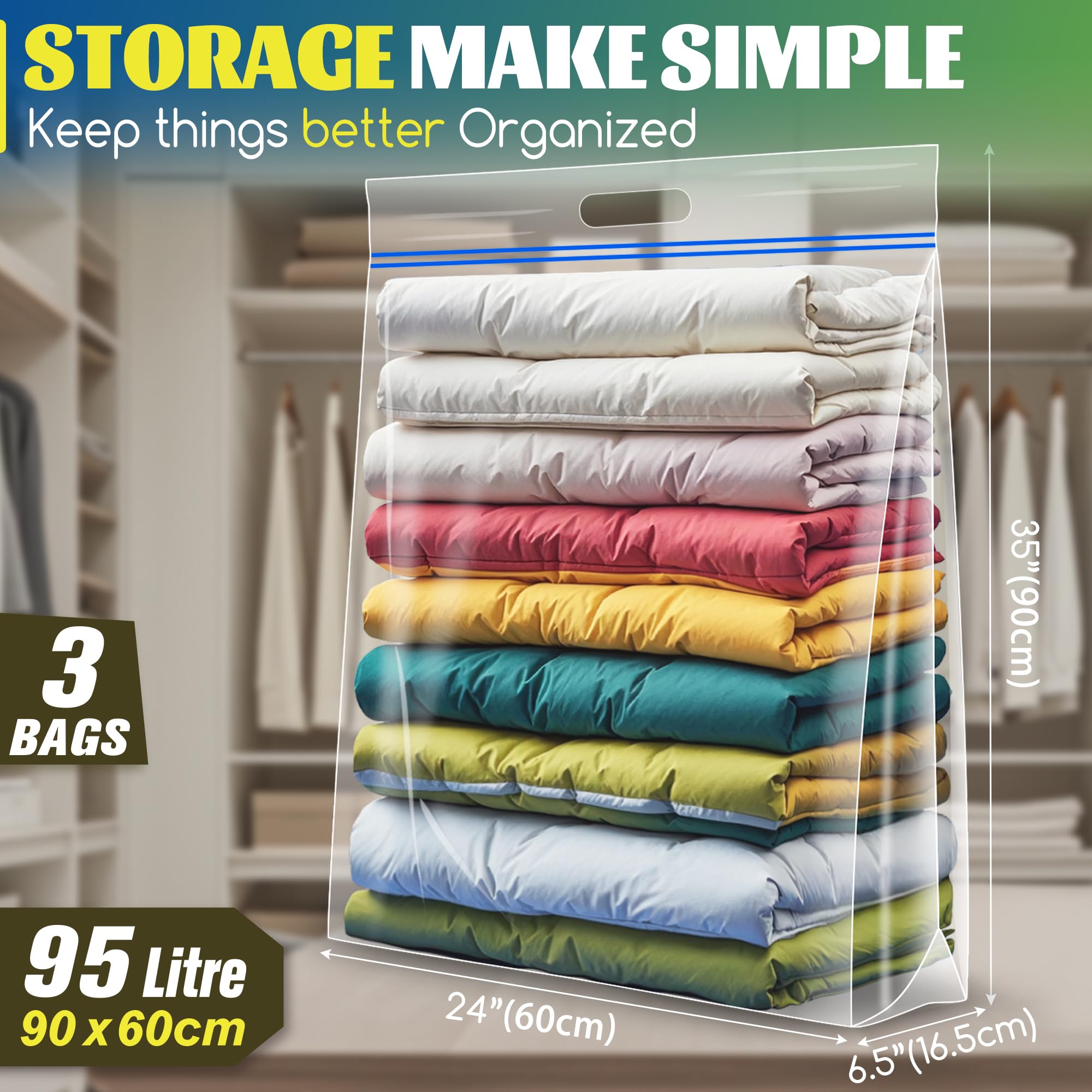 Ezybag 95 Litre Jumbo Storage Bags, Pack of 5 Resealable Clear Bags with Handle - Image 2