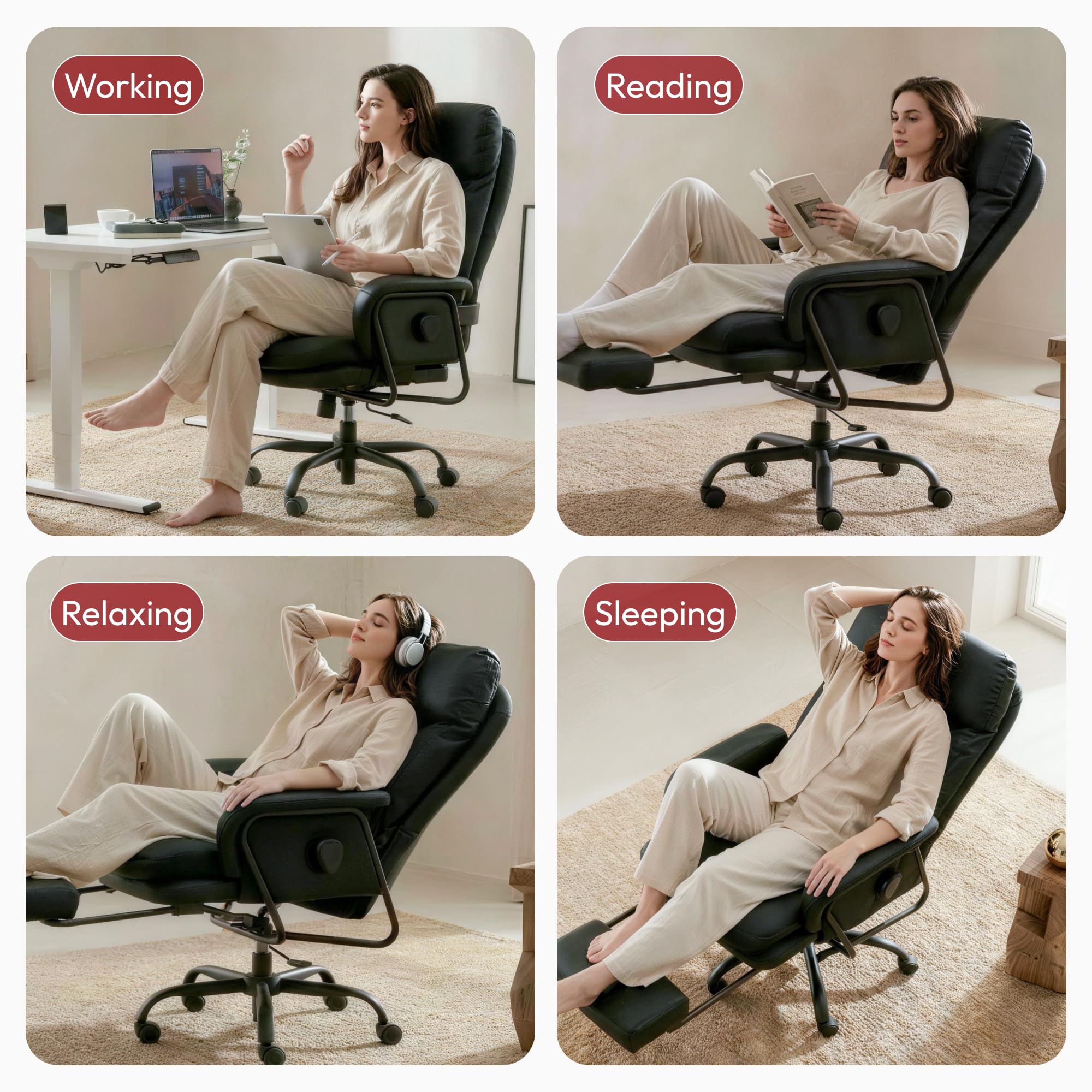 SANODESK Ergonomischer Bürostuhl Chefsessel mit 160° Liegefunktion, Gaming- & Relaxsessel aus PU-Leder mit Fußstütze, höhenverstellbar, belastbar bis 135 KG (Schwarz)