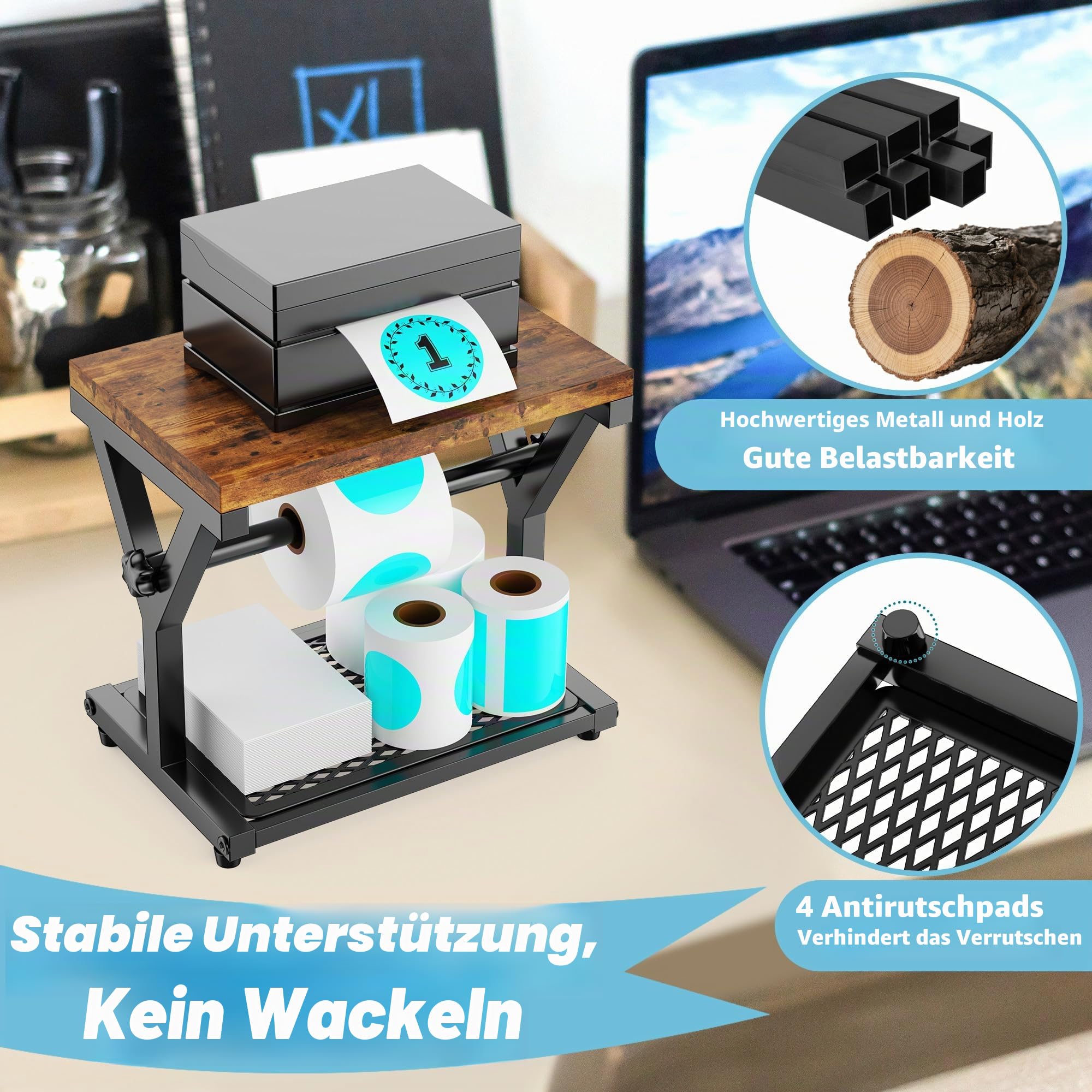 Thermo-Etikettenhalter für Rollen und Fächerfalz-Etiketten, Holzaufkleber-Rollenhalter für Thermodrucker, Desktop-Versand-Etikettenständer, Organizer, Zubehör für Heimbüro, kleine Unternehmen (Holz)