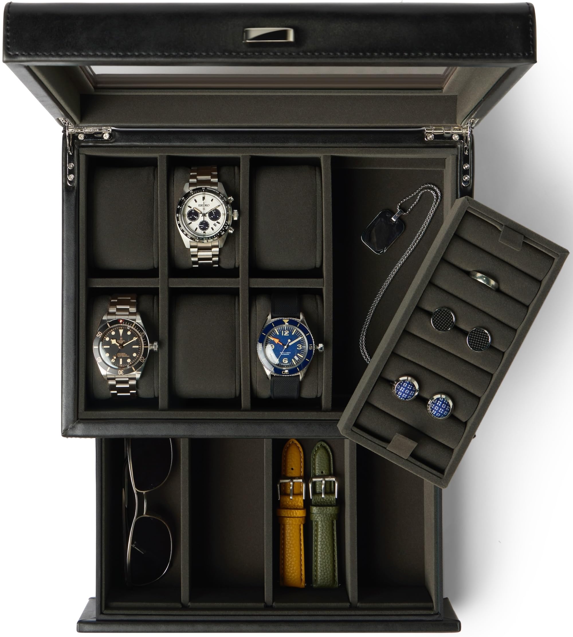 Tawbury Men's Black / Charcoal 6 Watch Jewellery Box For - Sleek, Pu Leather Watch Box For | Premium Storage For Watches, Cufflinks, Rings, Sunglasses | Customizable Drawer Layout (Black/Charcoal)