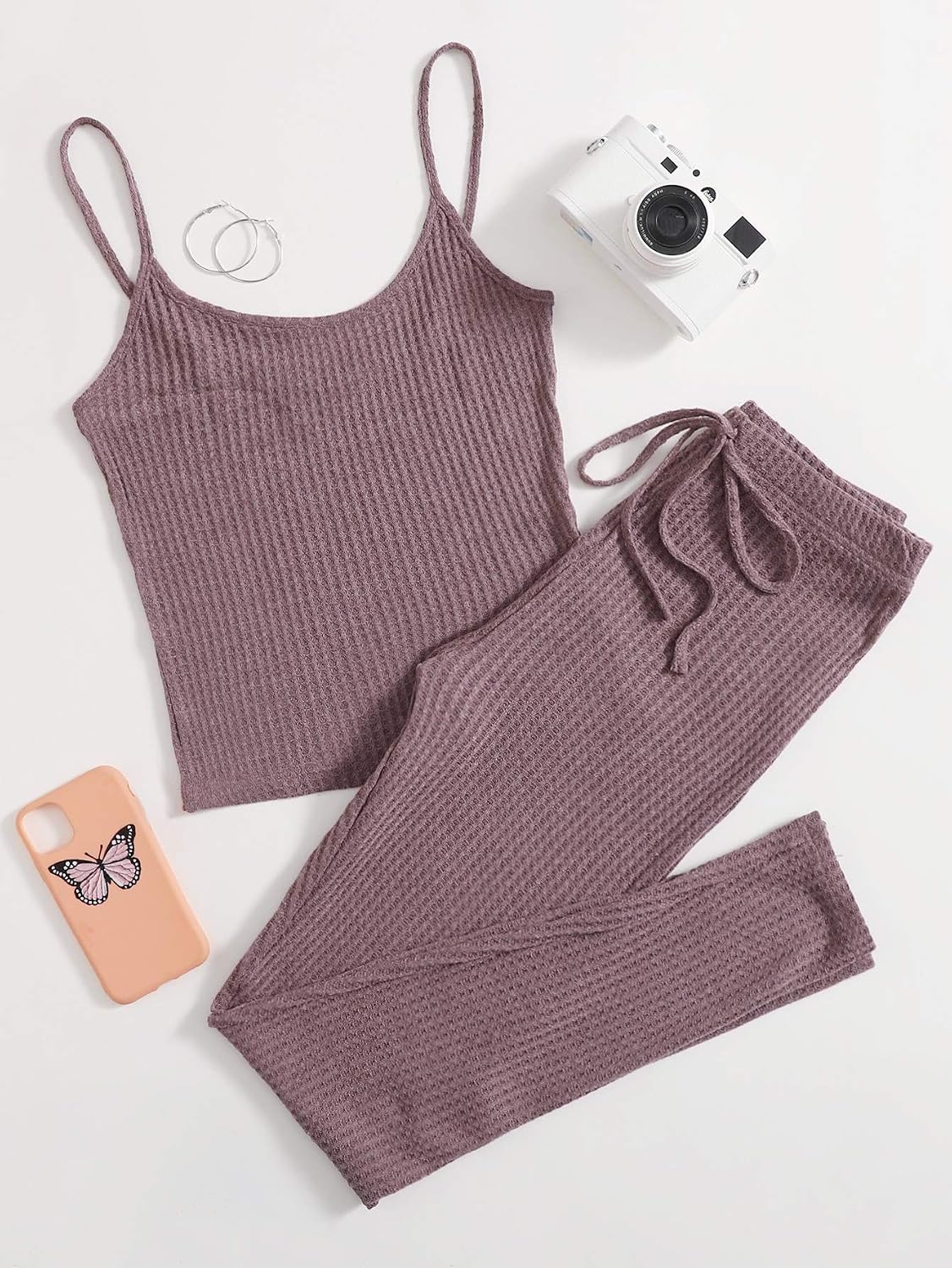Knit Cami Top & Knot Waist Leggings Set (Color : Mauve Purple, Size : Small)