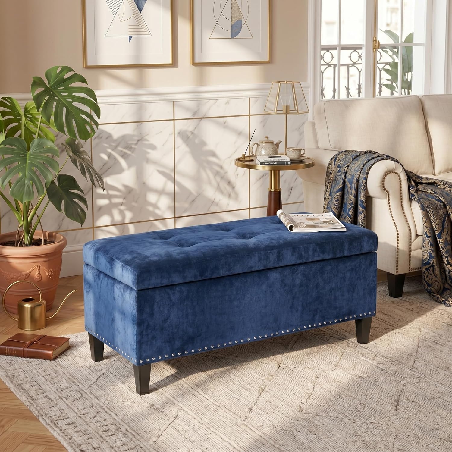 Joveco 41" Storage Benches, Microfiber Button Tufted Ottoman Bench with Nailhead Trim and Safety Hinges, Rectangular Bed End Bench for Bedroom, Living Room, Entryway, Navy Blue