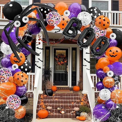 Miniatura 3 de MJartoria Kit de guirnalda de globos de Halloween de 149 unidades, color naranja, negro y morado, kit de guirnalda de globos de araña, calabaza,