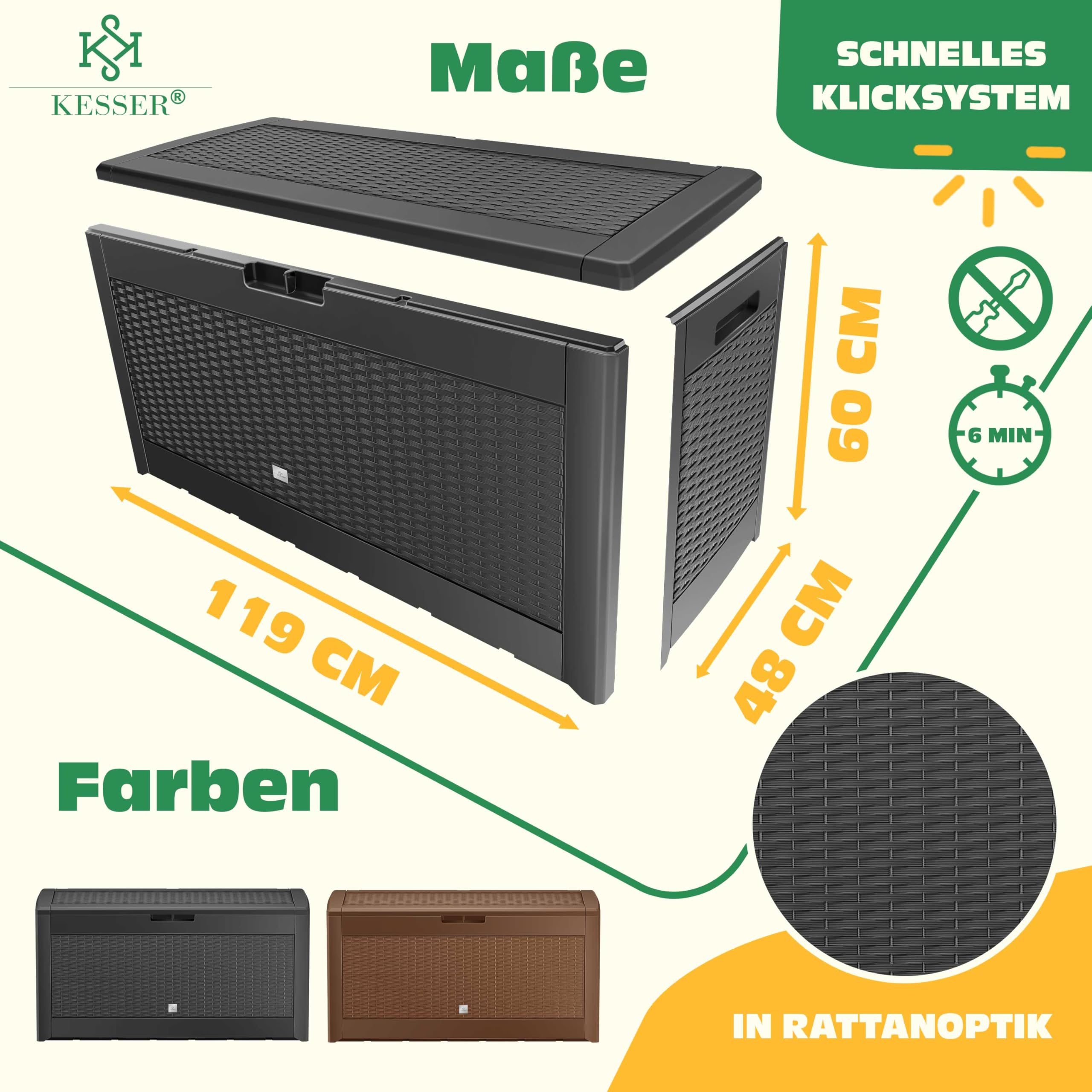KESSER® Auflagenbox Kissenbox 𝟯𝟭𝟬𝗟, Klicksystem, mit Rollen & Haltegriffen, Deckel mit Hubautomatik, abschließbar, bis zu 290kg, Gartenbox Wasserdicht, Vielseitige Kissenbox, Rattanoptik-Anthrazit