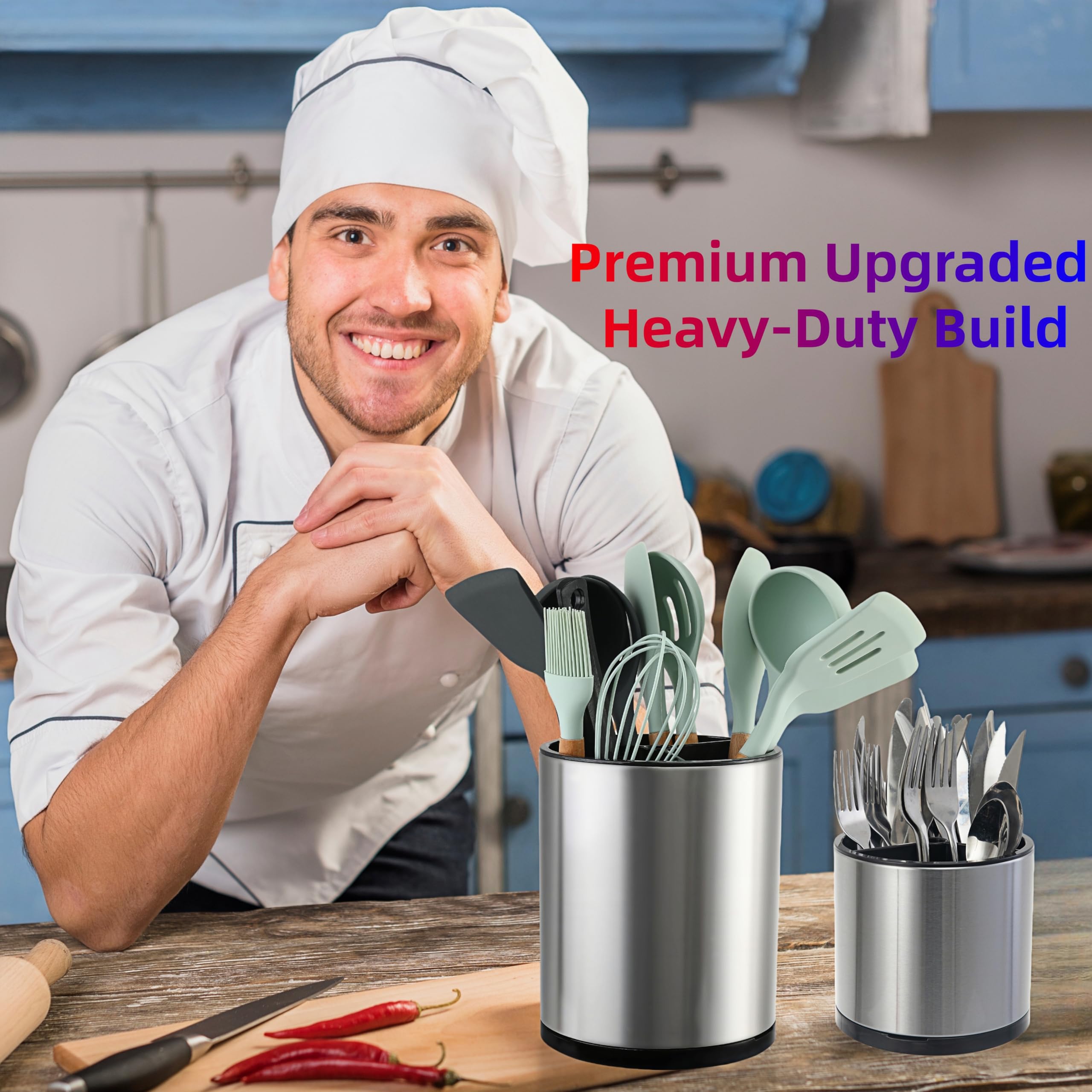 LIBODOUR Juego de 2 soportes para utensilios de cocina extragrandes giratorios para mostrador, organizador de acero inoxidable, para cocina, cubiertos, cuchara, espátula, Lazy Susan (madre y niño)