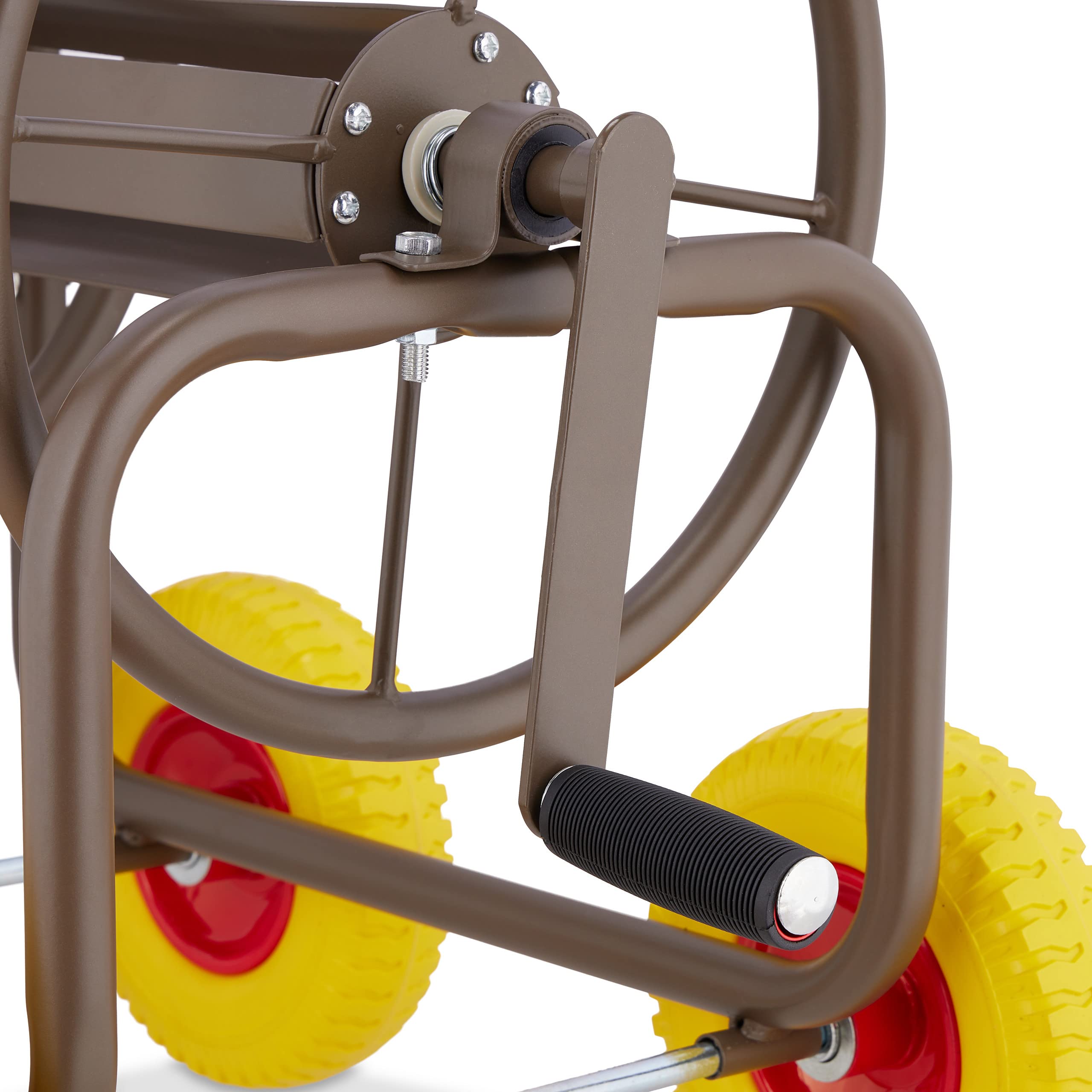 Relaxdays Schlauchwagen, bis 60 m, 4 Vollgummireifen, Klickkupplung, Schlauchtrommel Metall, Schlauchabroller, braun