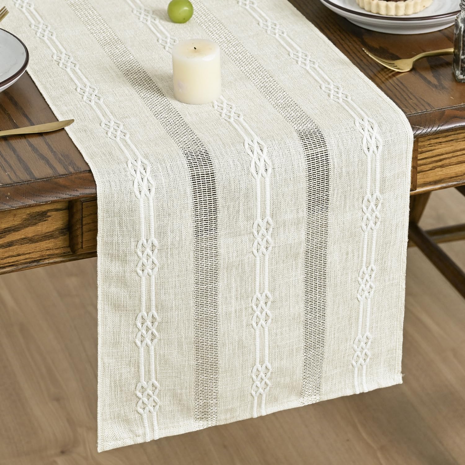 Artoid Mode Linen Farmhouse Rustic Boho Beige Table Runner 33x243 cm, Seasonal Vintage Holiday Kitchen Dining Table Decoration for Home Party Decor