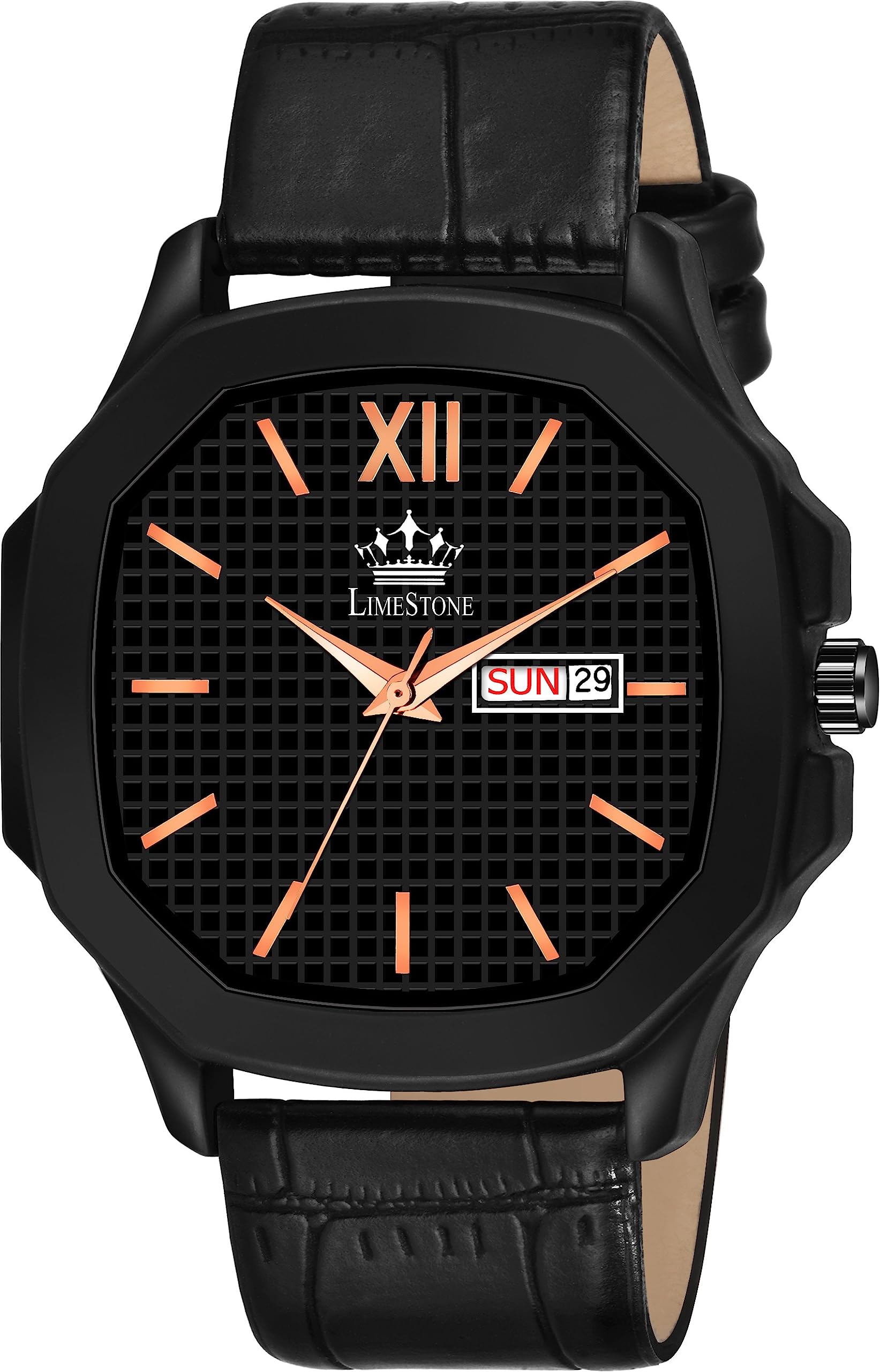 LIMESTONE OTUS 3D Dial Day and Date Functioning Watch, Leather Strap Wrist Watch for Men & Boys, Round Dial Watch, Ideal for Gifting Purpose (Black Rose Gold) (B0CCJ1HQZ8) Amazon Price History, Amazon Price Tracker