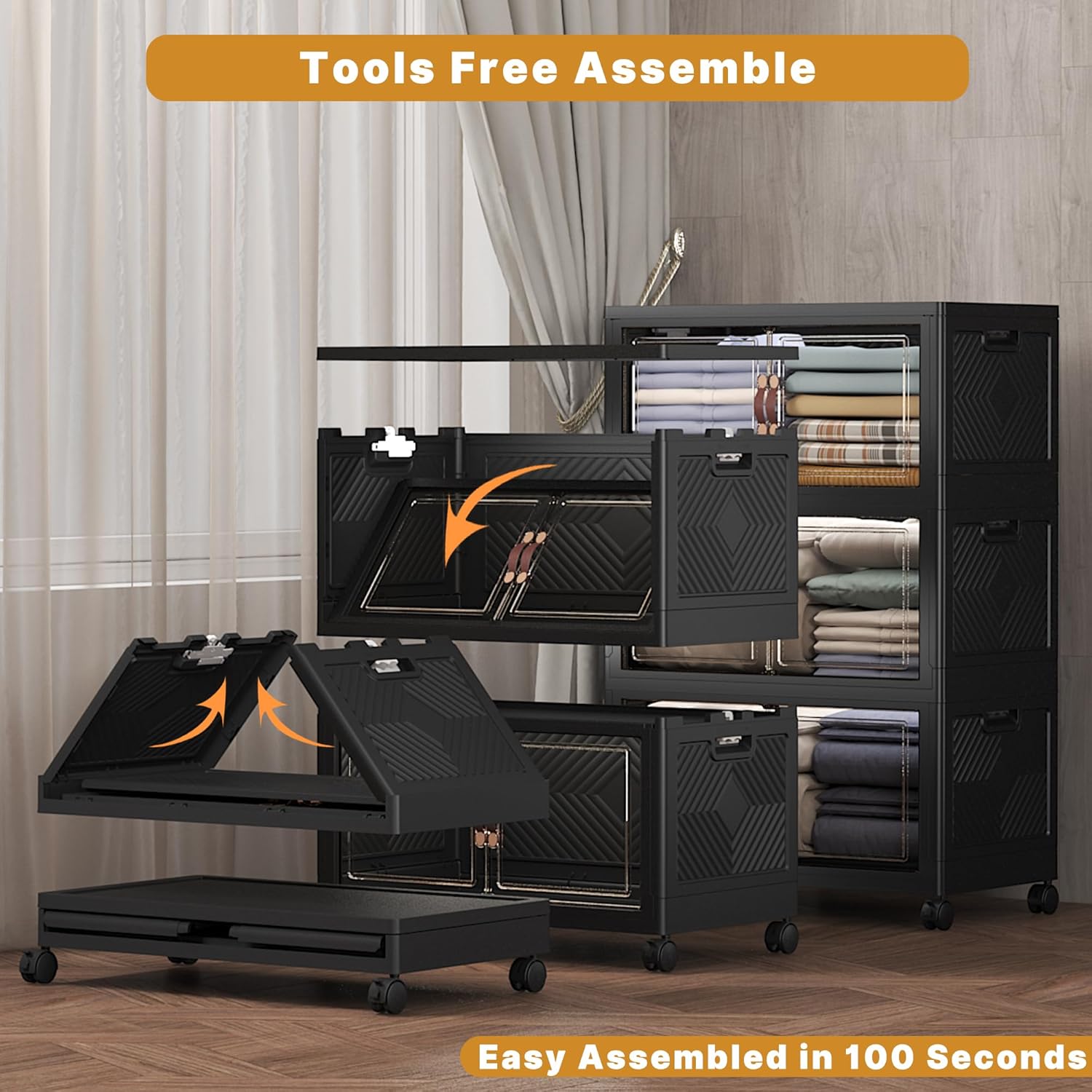 Extra Large Stackable Storage Bins with Lids & Wheels, Foldable Collapsible Closet Organizers Dark Storage Cabinet with Doors for Bedroom Dorm