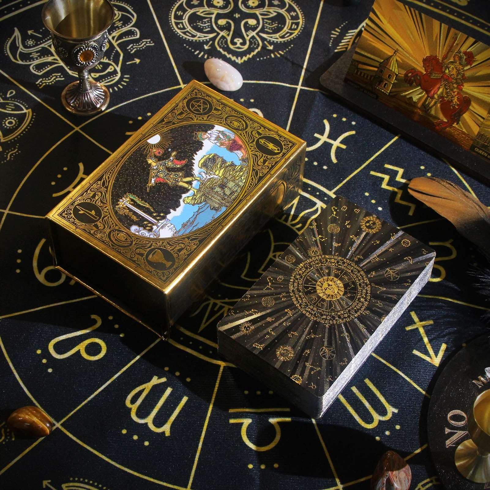 GIBZ Vintage Original Design Tarot Cards, 78 Pieces Black Gold Foil Tarot Deck Set, with Guide Book and Luxury Box for Beginner