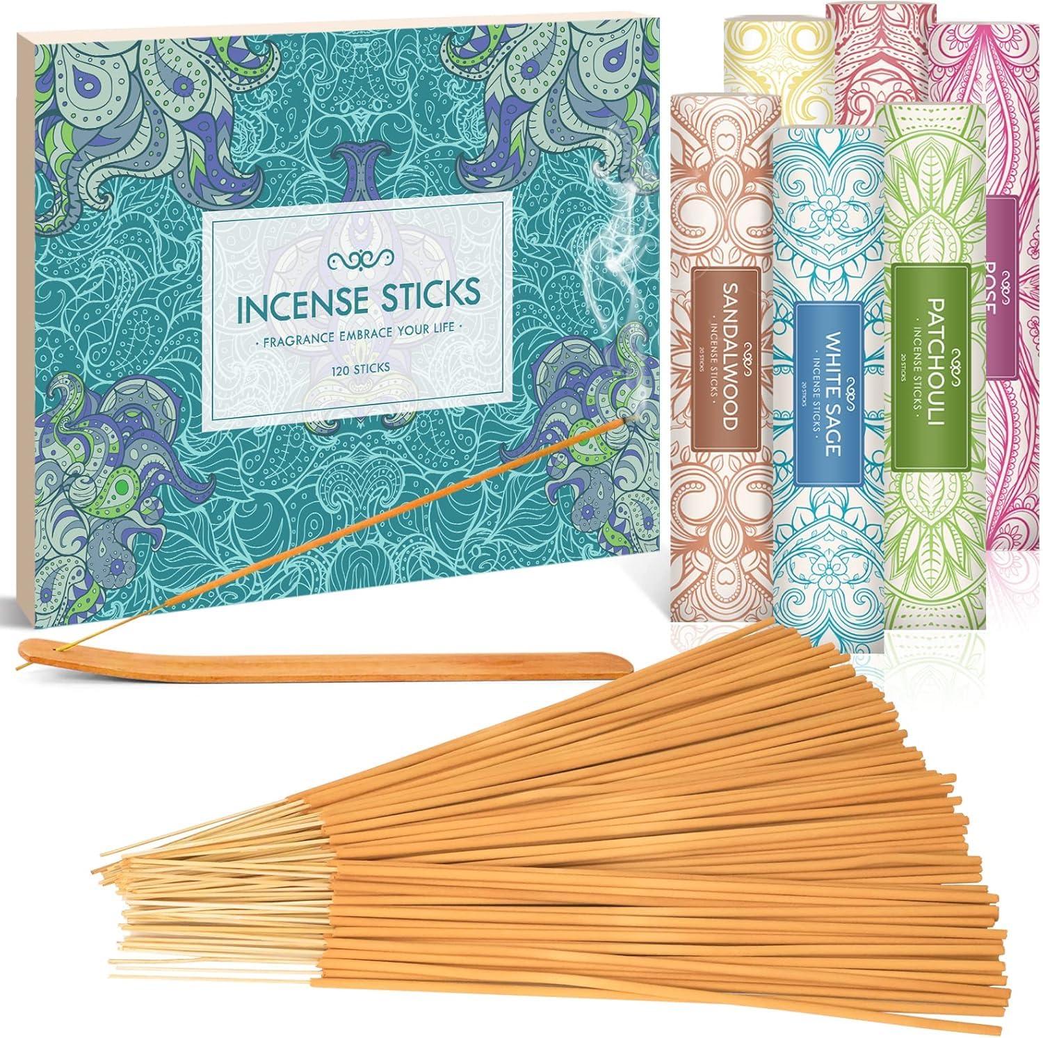 SCENTORINI Räucherstäbchen Set 120 Stock, Duft von Sandelholz, Patschuli, Weißer Salbei, Weihrauch Myrrhe, Zimt, Rose, inklusive 1 Räucherstäbchen Halter