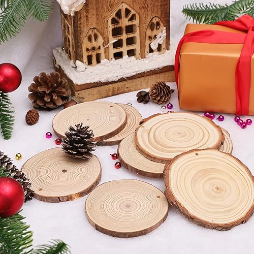 Miniatura 5 de Max Fun Juego de rebanadas de madera natural para manualidades, adornos de Navidad sin terminar preperforados con agujero, círculos de madera para