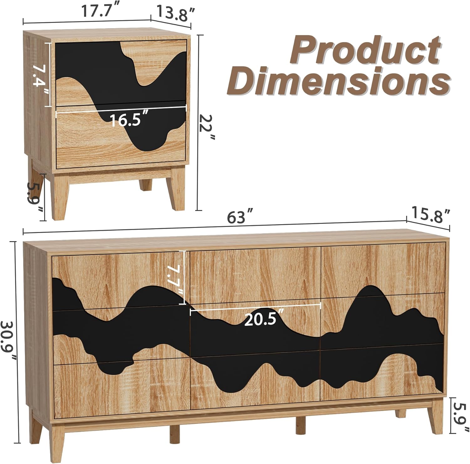 UEV 9-Drawer Dresser & 2 Nightstands Set - 3 Piece Modern Bedroom Furniture Set, 63" Wide Wooden Chest of Drawers with Flowing Water Pattern,2-Drawer Night Stands for Bedroom (Natural/Black