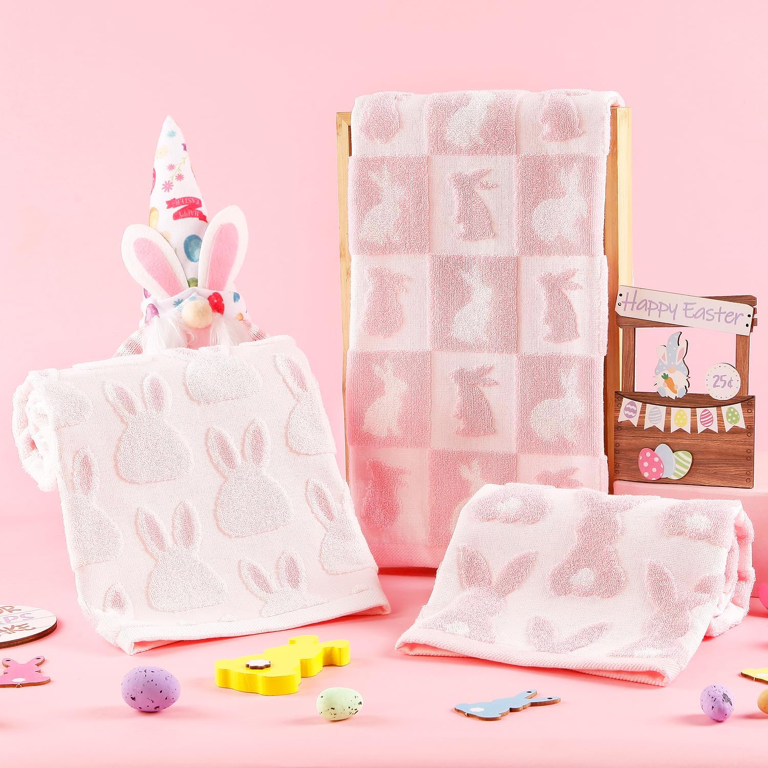Quera 2 Pack Easter Hand Towels White Pink Rabbit Bunny Checkered Spring Bathroom Decorative Towels Set for Bath,Kitchen,Bar,Gift,13.7'' x 29.5''