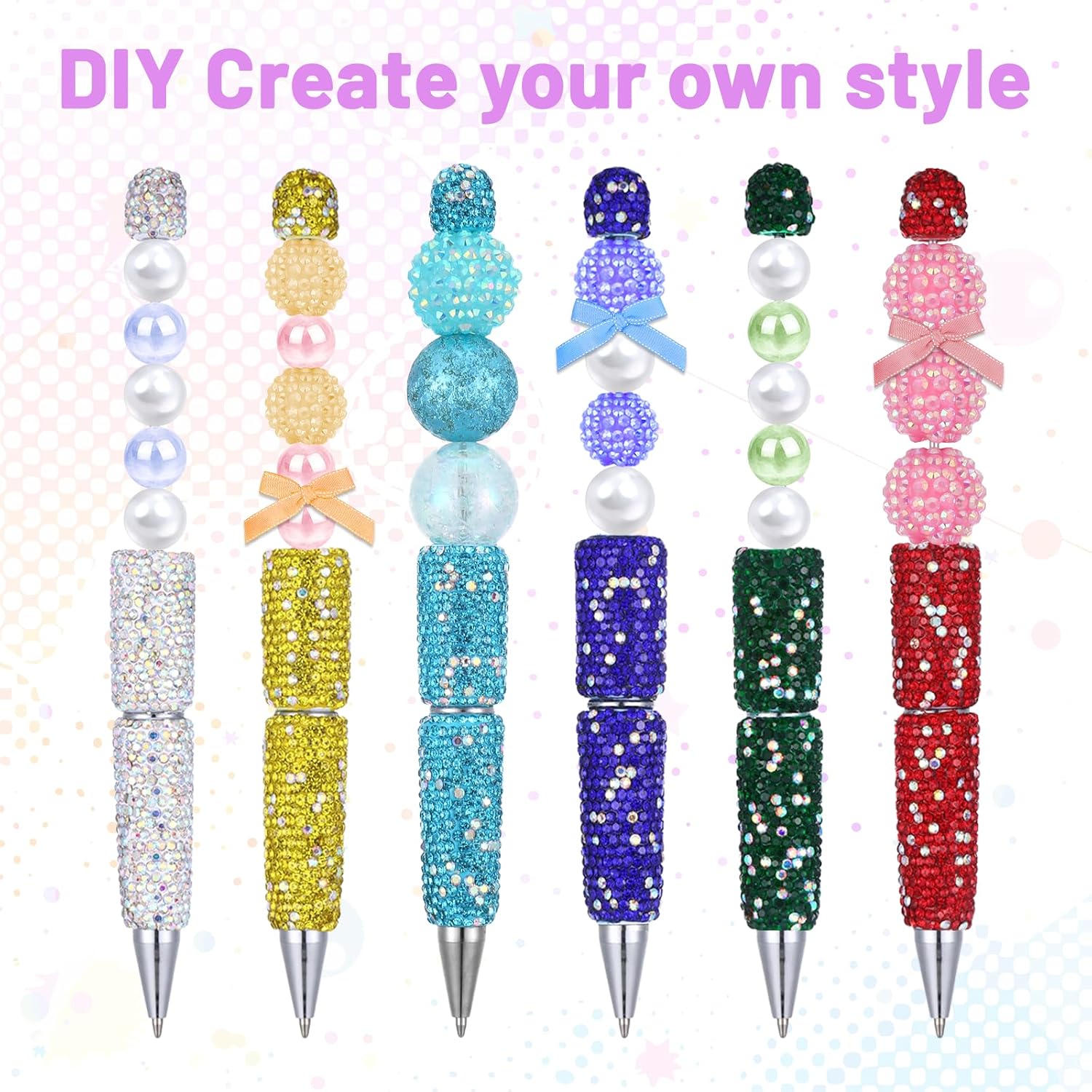 6 Pcs Glitter Beaded Pens Rhinestone Beadable Pens Bulk Fun Beadable Items DIY Pen Making Kit Beads Black Ink Bling Ballpoint Pen Diamond for DIY Craft Journalling Students Girls Gifts Making Supplies