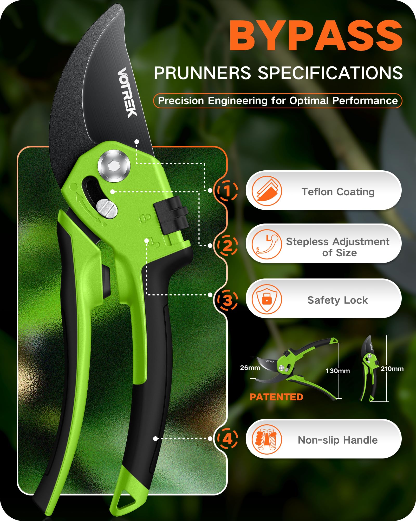 VOTREK Bypass Secateurs for Small Hands with Continuously Adjustable Grip, SK5 Steel Blade & Sealed Spring–21.5cm Professional Pruning Shears for Rose, Branch, Plant, Garden Pruner Scissor Hedge Shear — view 8