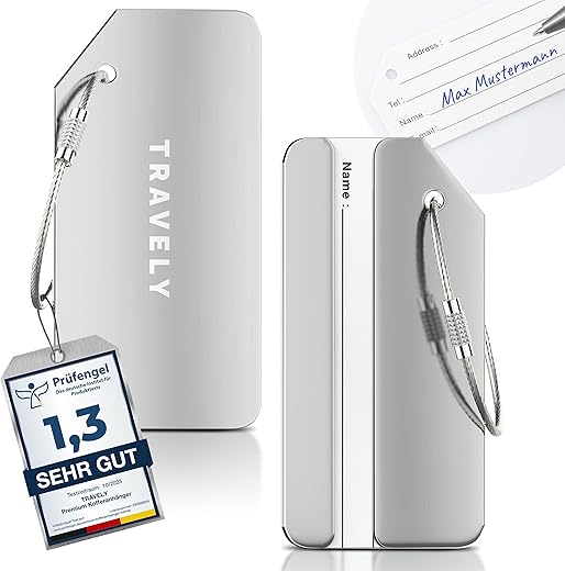 Travely – Premium Kofferanhänger – extra sichere Anhänger für das Gepäck – inklusive Namensschild – 2er Set – silber
